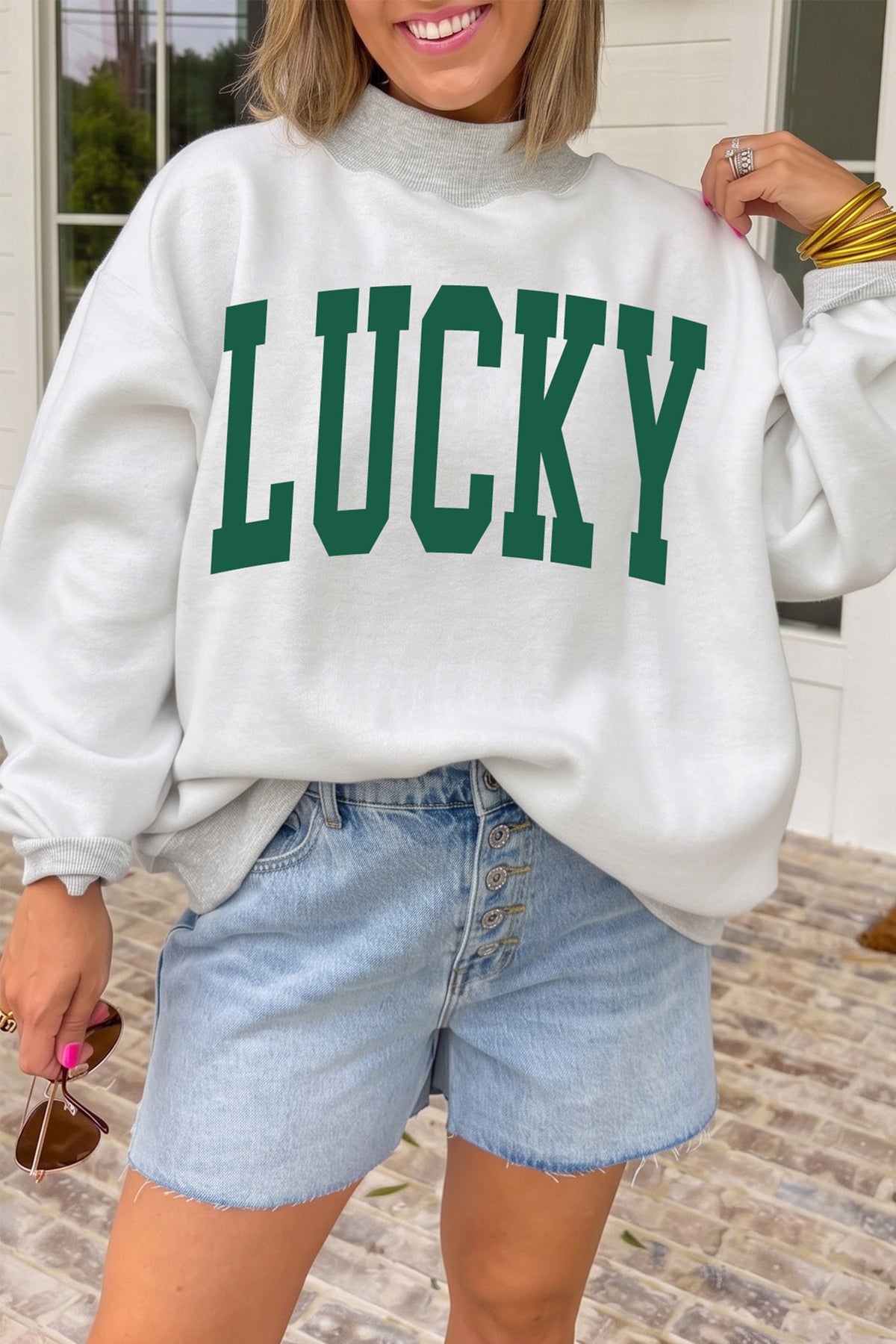 Light Grey Mallard & LUCKY Letter Print Reversible Mock Neck Sweatshirt&