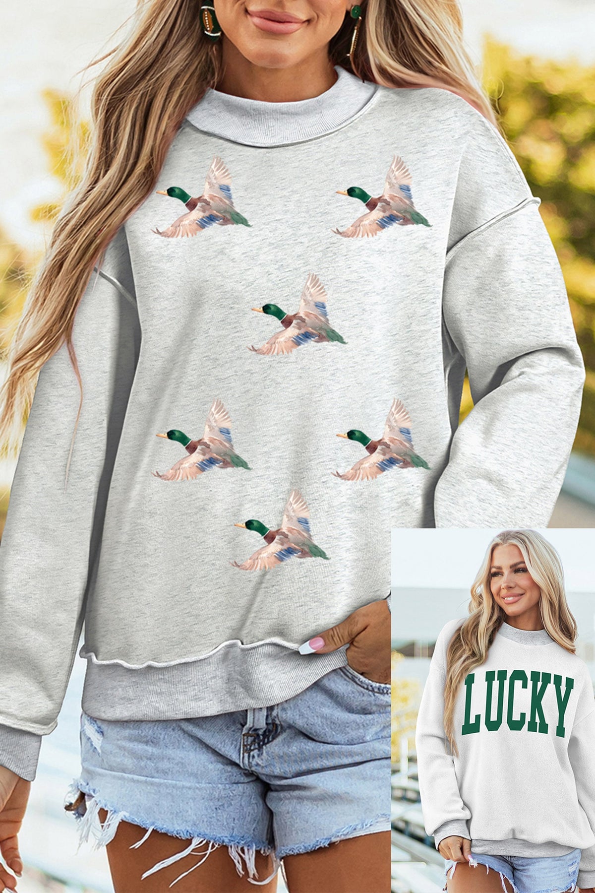 Light Grey Mallard & LUCKY Letter Print Reversible Mock Neck Sweatshirt&