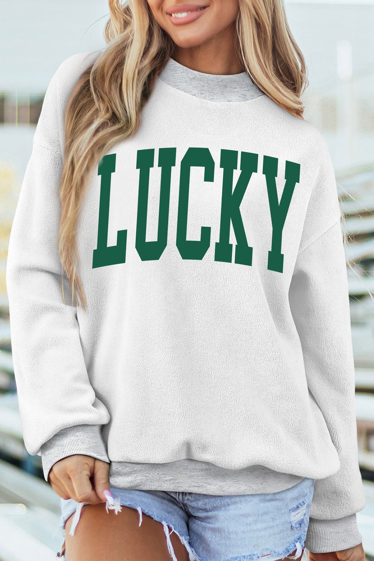 Light Grey Mallard & LUCKY Letter Print Reversible Mock Neck Sweatshirt&