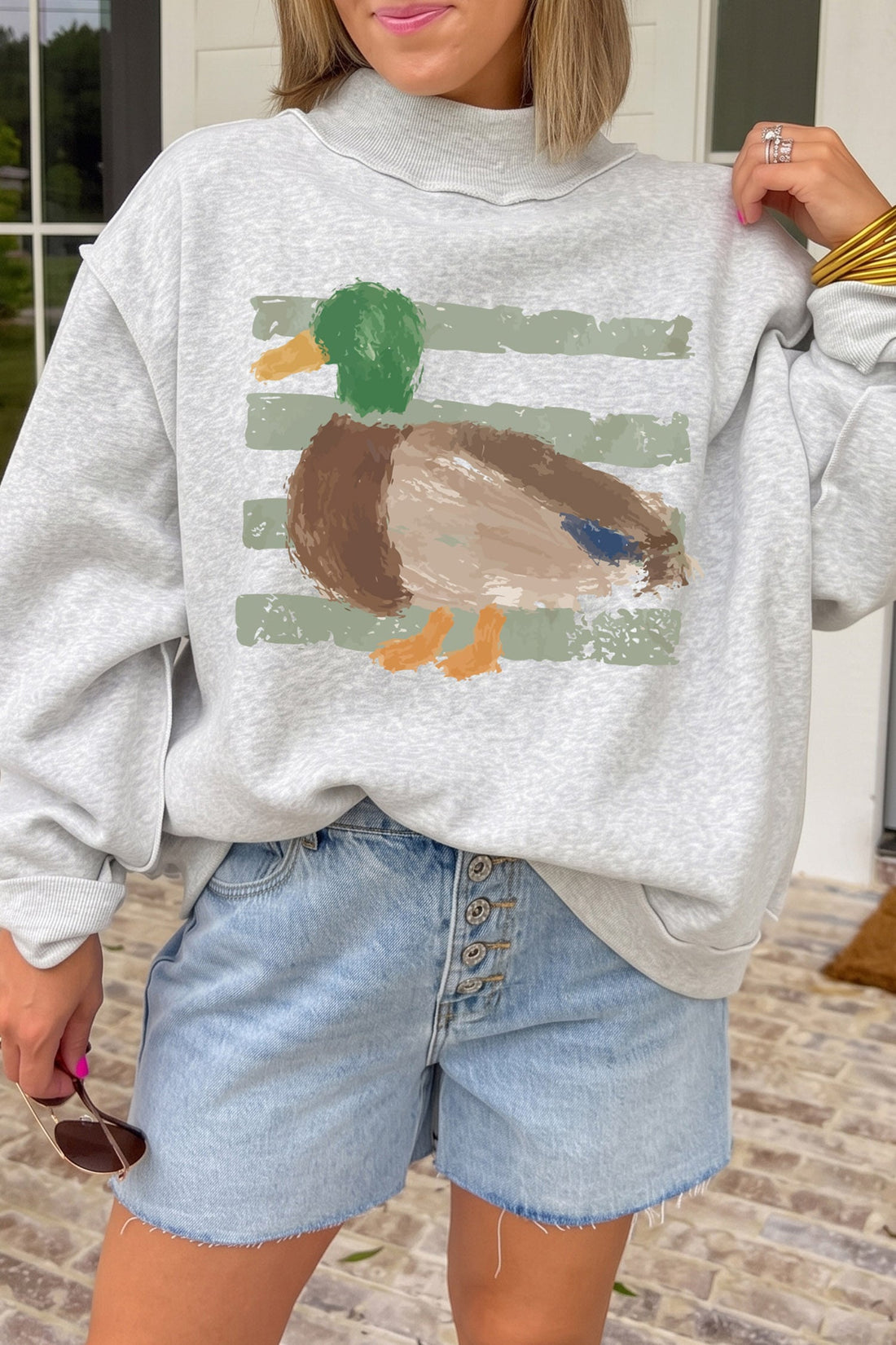 Light Grey Mallard Print Mock Neck Tunic Pullover Sweatshirt