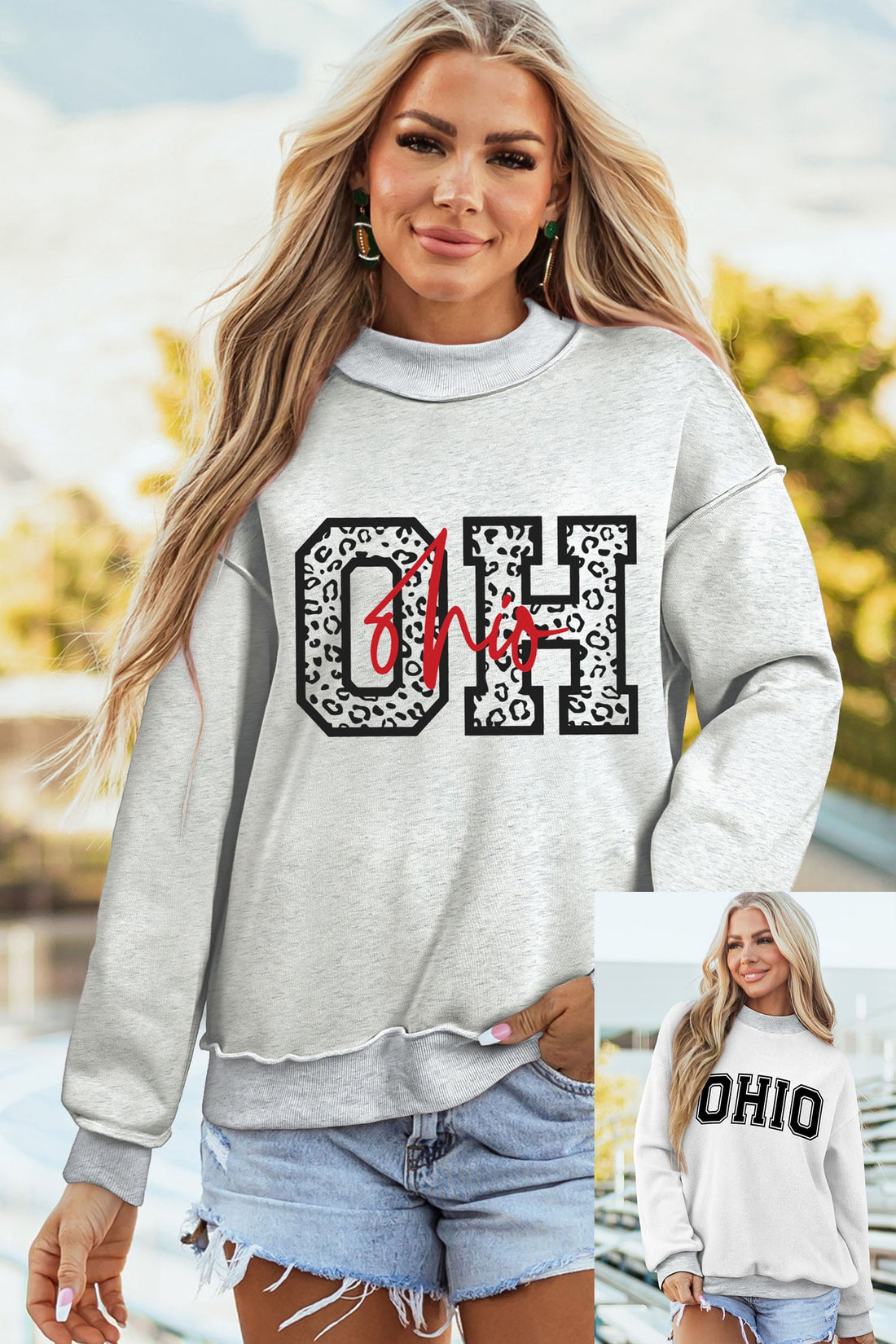Light Grey OHIO Double Side Printed Mock Neck Reversible Sweatshirt