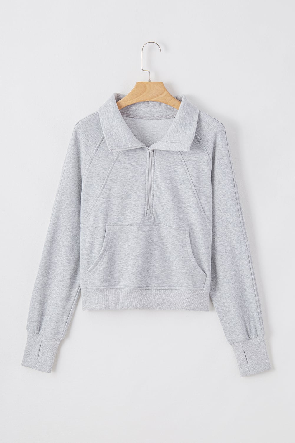 Light Grey Quarter Zip Stand Neck Kangaroo Pocket Sweatshirt