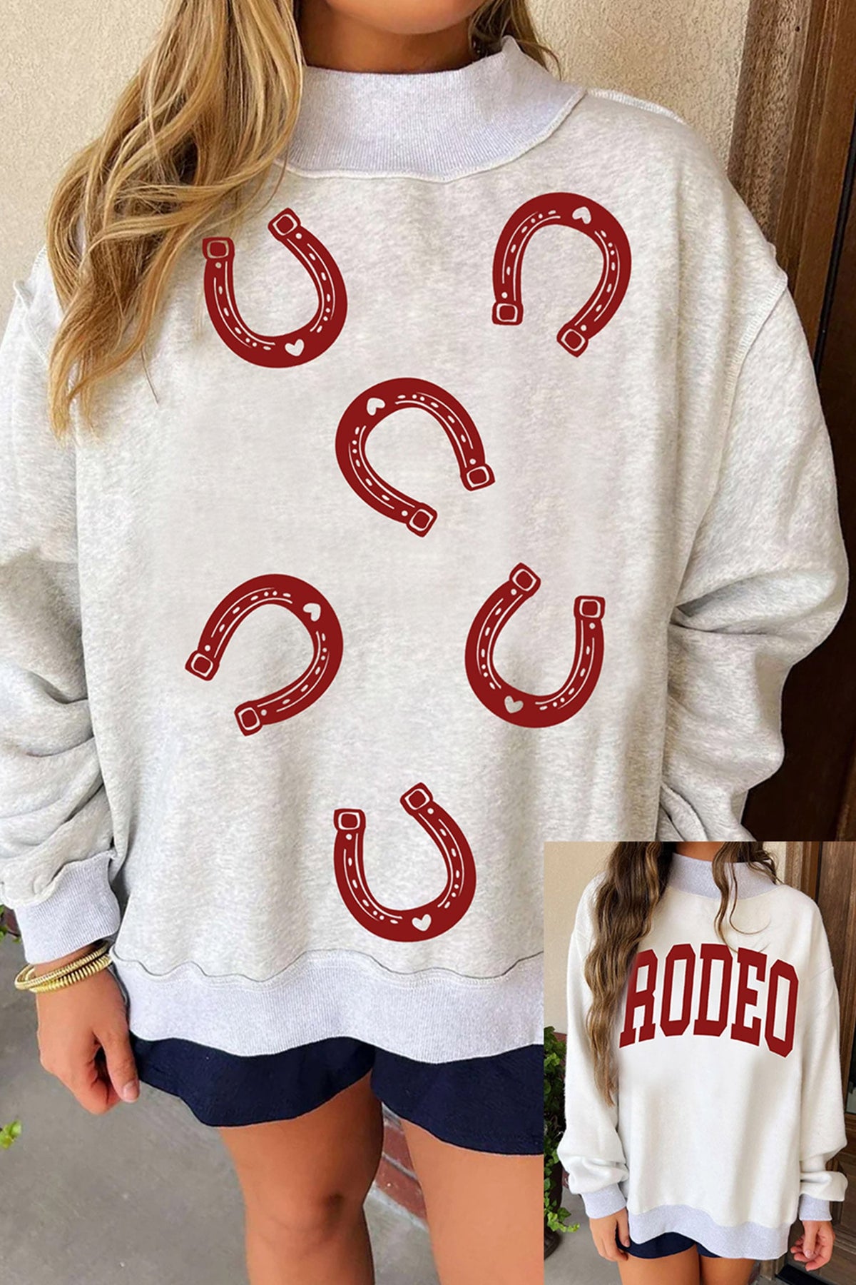 Light Grey RODEO Horseshoes Reversible Print Mock Neck Tunic Sweatshirt