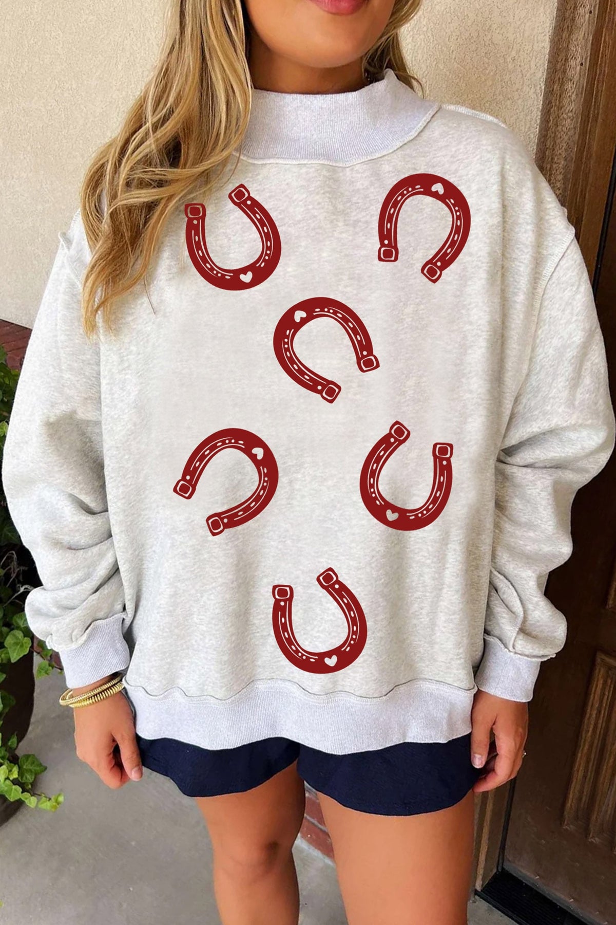 Light Grey RODEO Horseshoes Reversible Print Mock Neck Tunic Sweatshirt