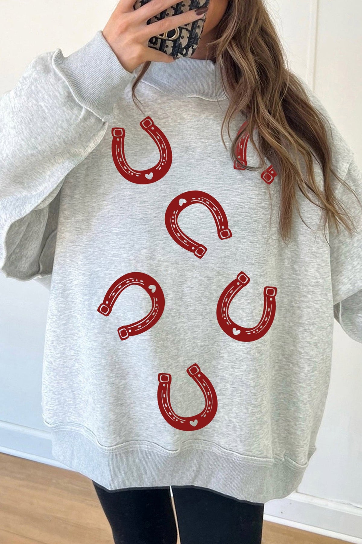 Light Grey RODEO Horseshoes Reversible Print Mock Neck Tunic Sweatshirt