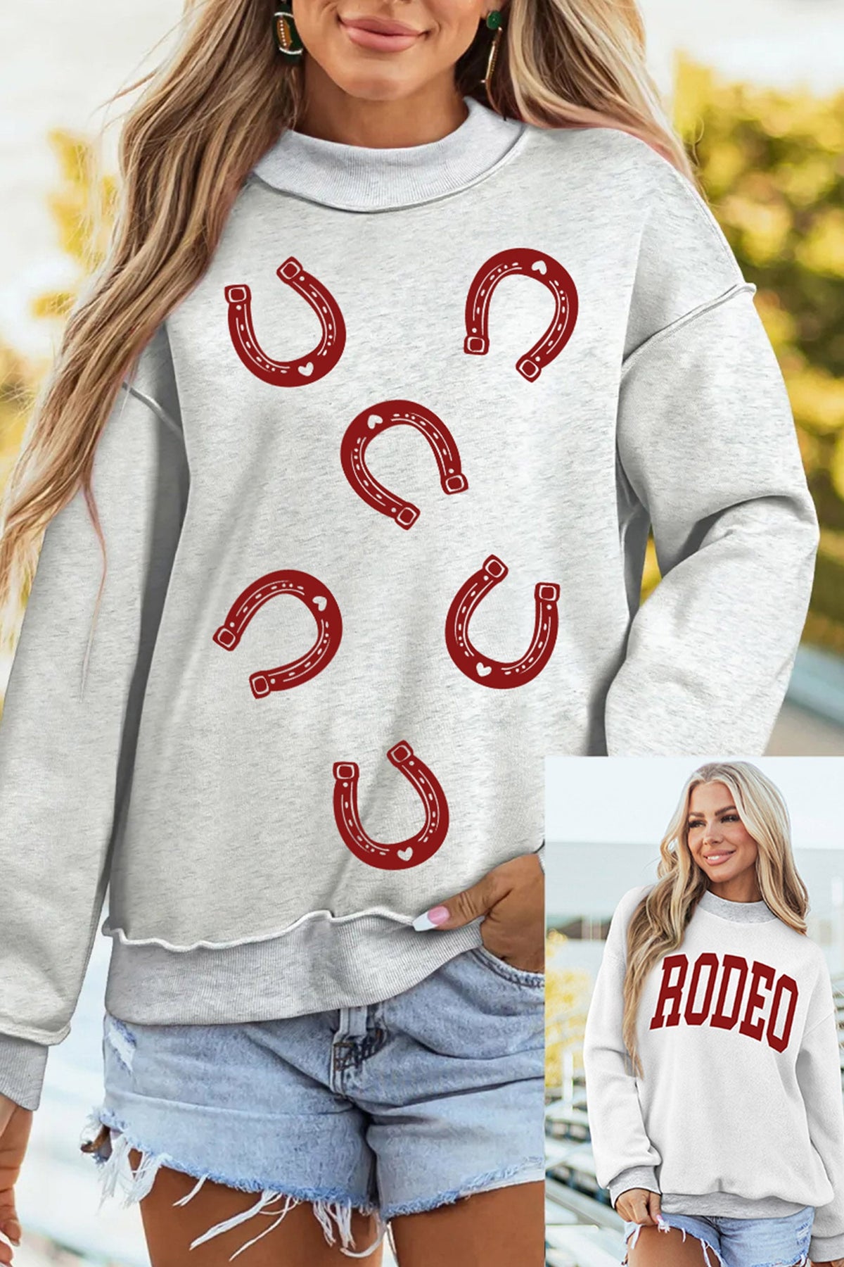 Light Grey RODEO Horseshoes Reversible Print Mock Neck Tunic Sweatshirt