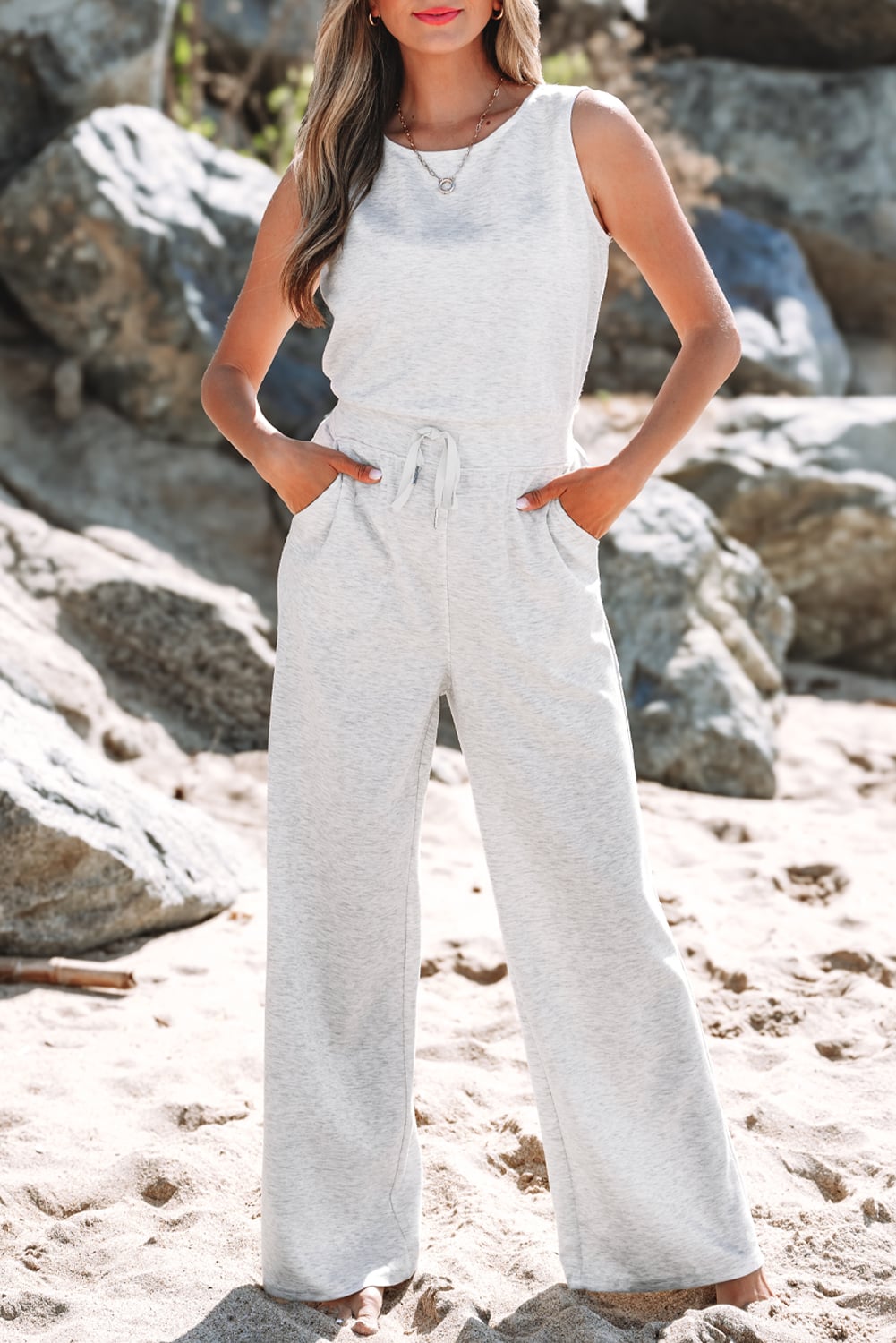 Light Grey Solid Color Crew Neck Drawstring High Waist Sleeveless Jumpsuit