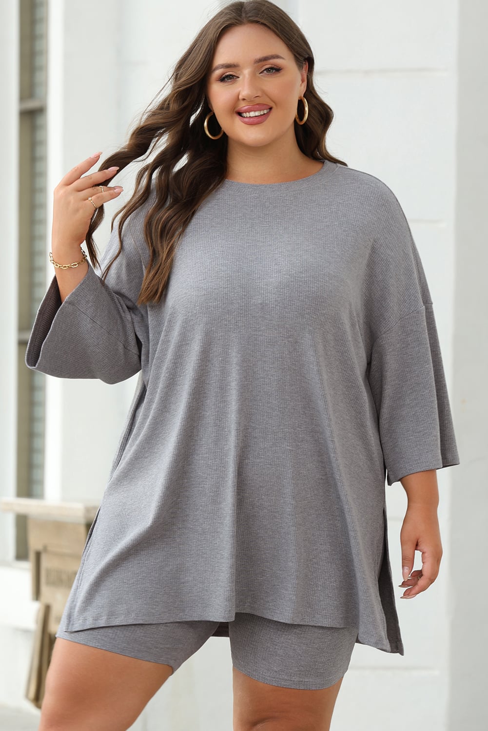 Light Grey Solid Color Loose Tunic Top Loungewear