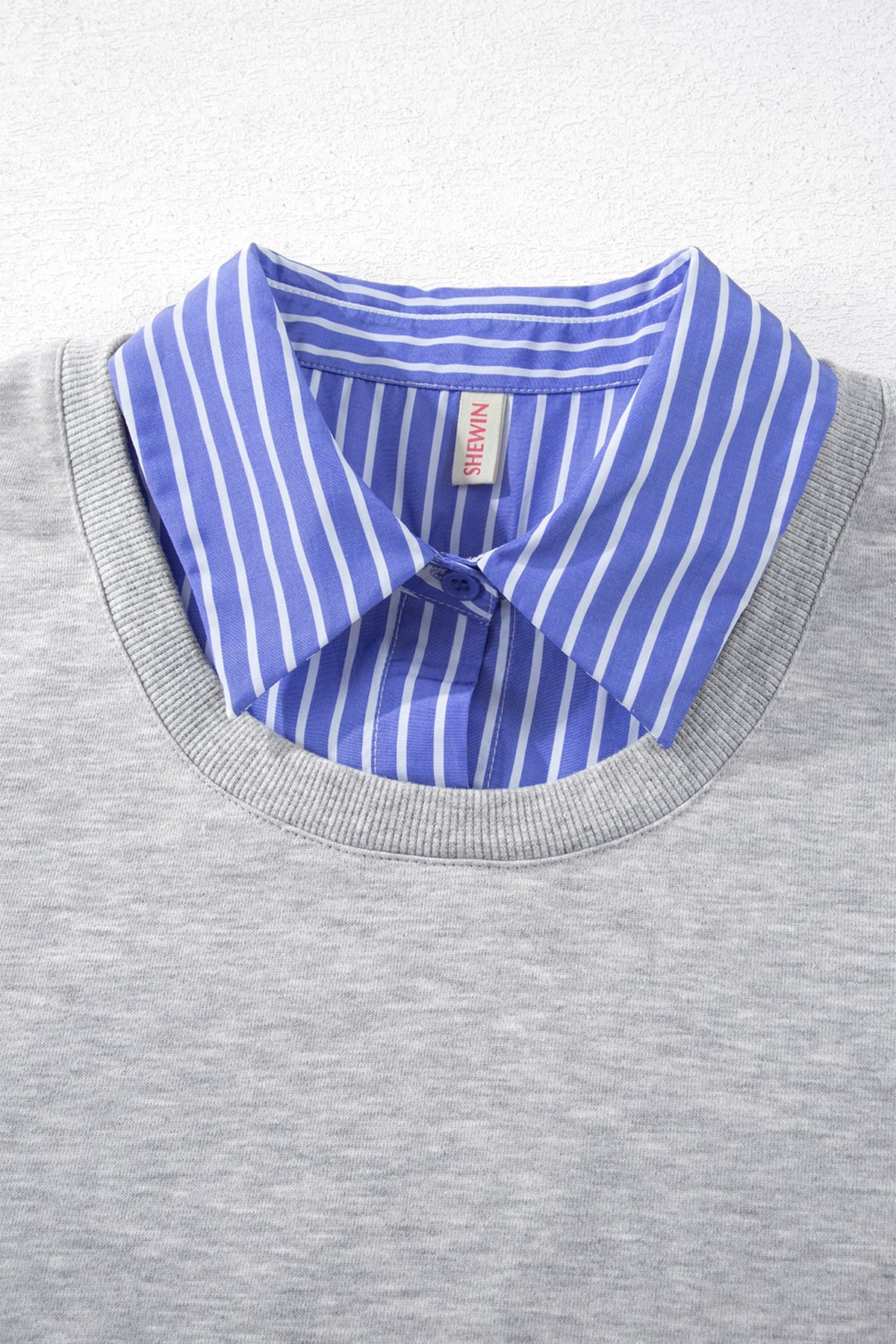 Light Grey Striped Collar 2-in-1 Patchwork Casual Loose Sweatshirt