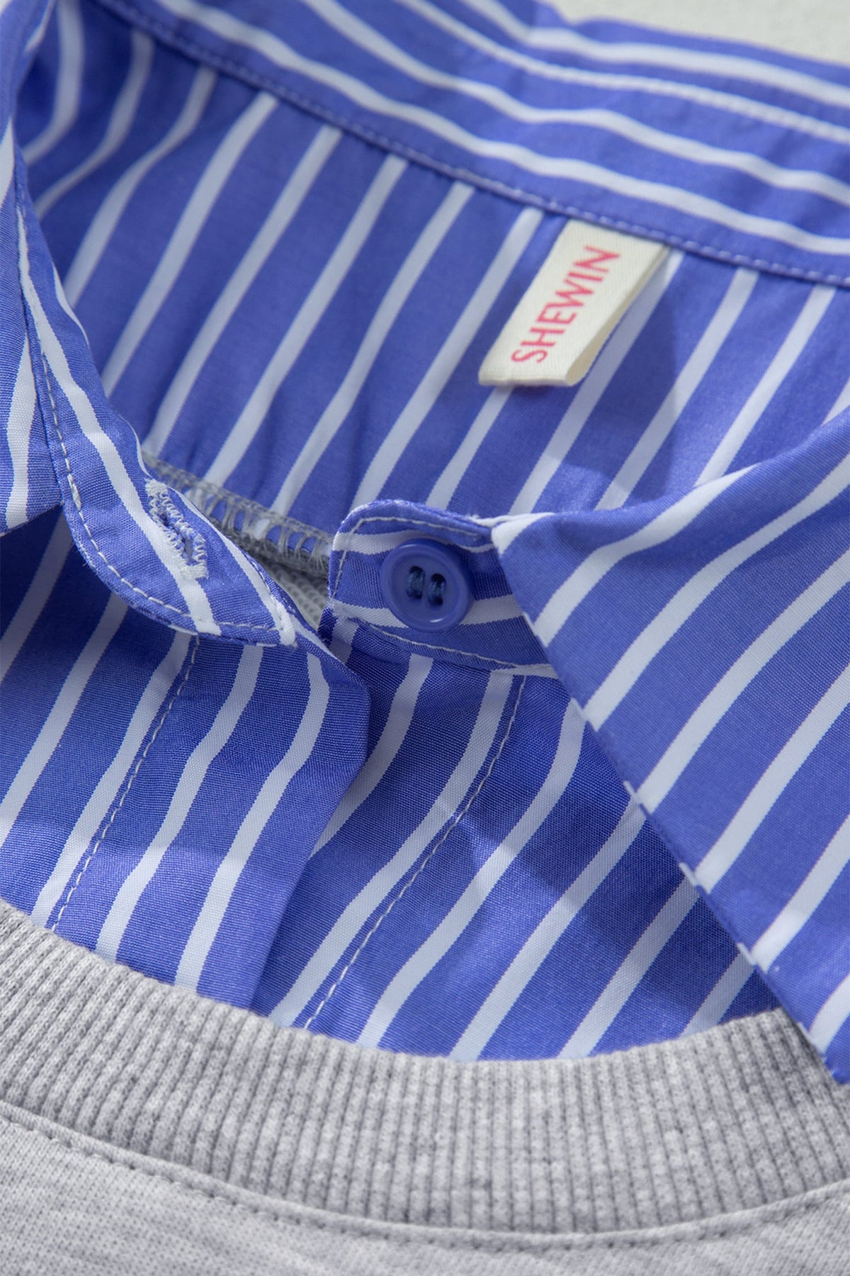 Light Grey Striped Collar 2-in-1 Patchwork Casual Loose Sweatshirt