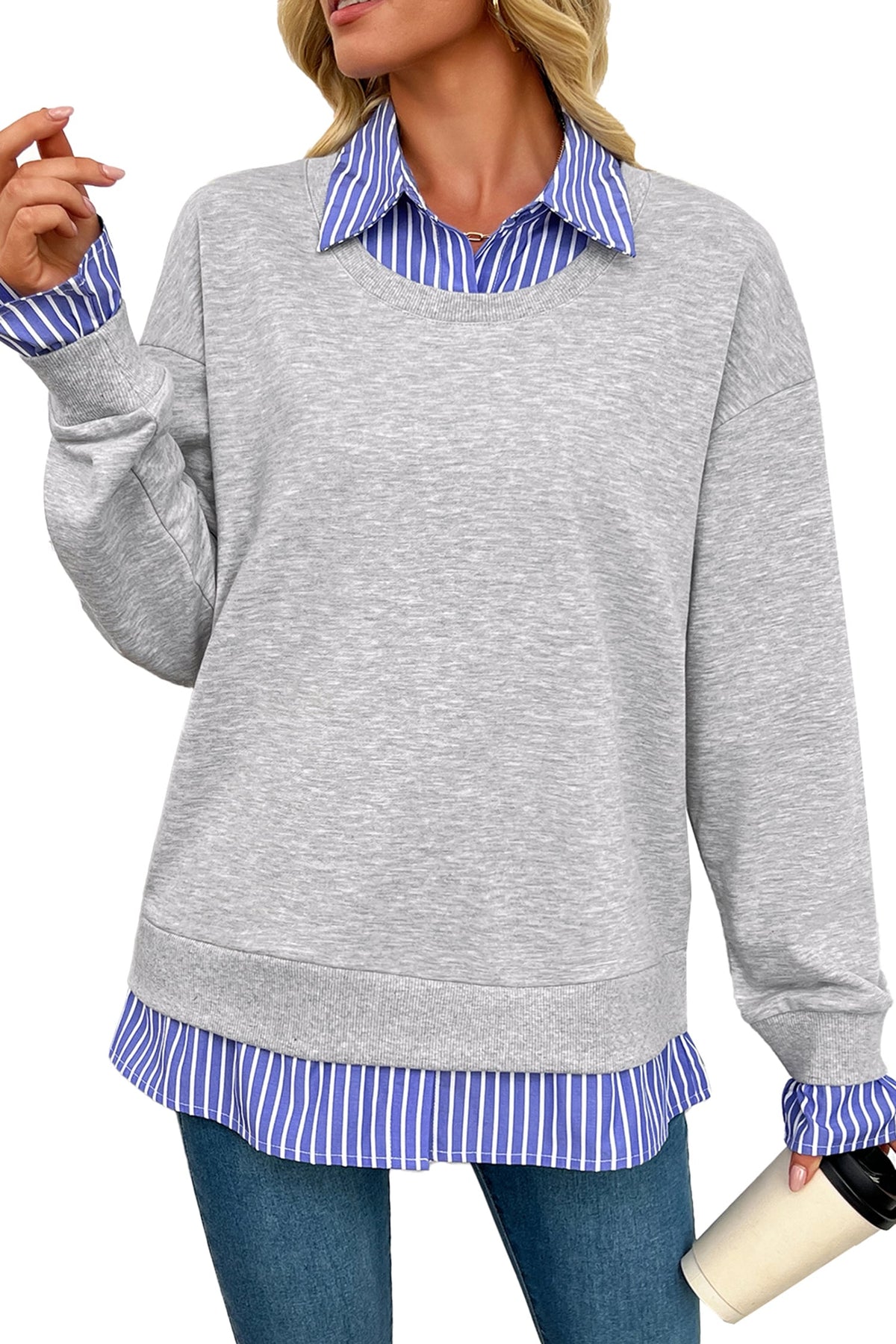 Light Grey Striped Collar 2-in-1 Patchwork Casual Loose Sweatshirt