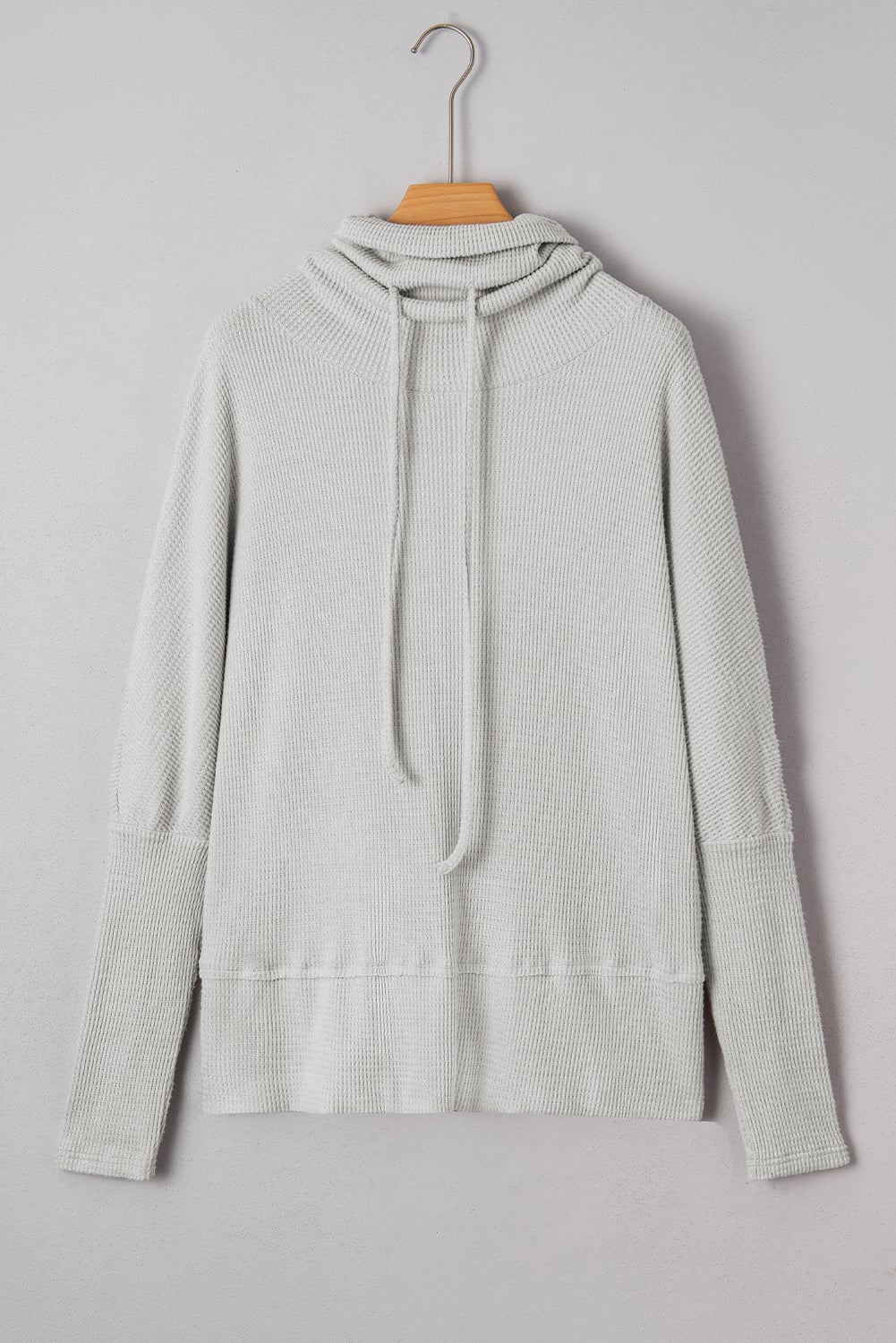 Light Grey Textured Knit Drawstring Cowl Neck Oversize Top with Side Slits