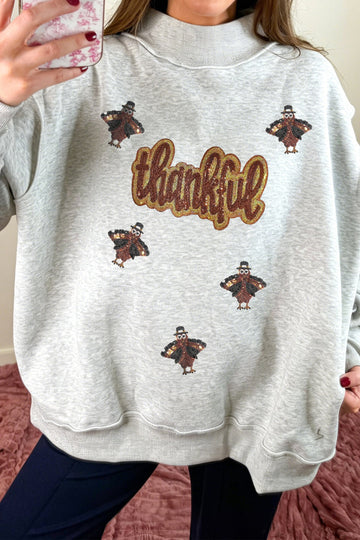 Light Grey thanksful Sequin Turkey Graphic Mock Neck Pullover Sweatshirt