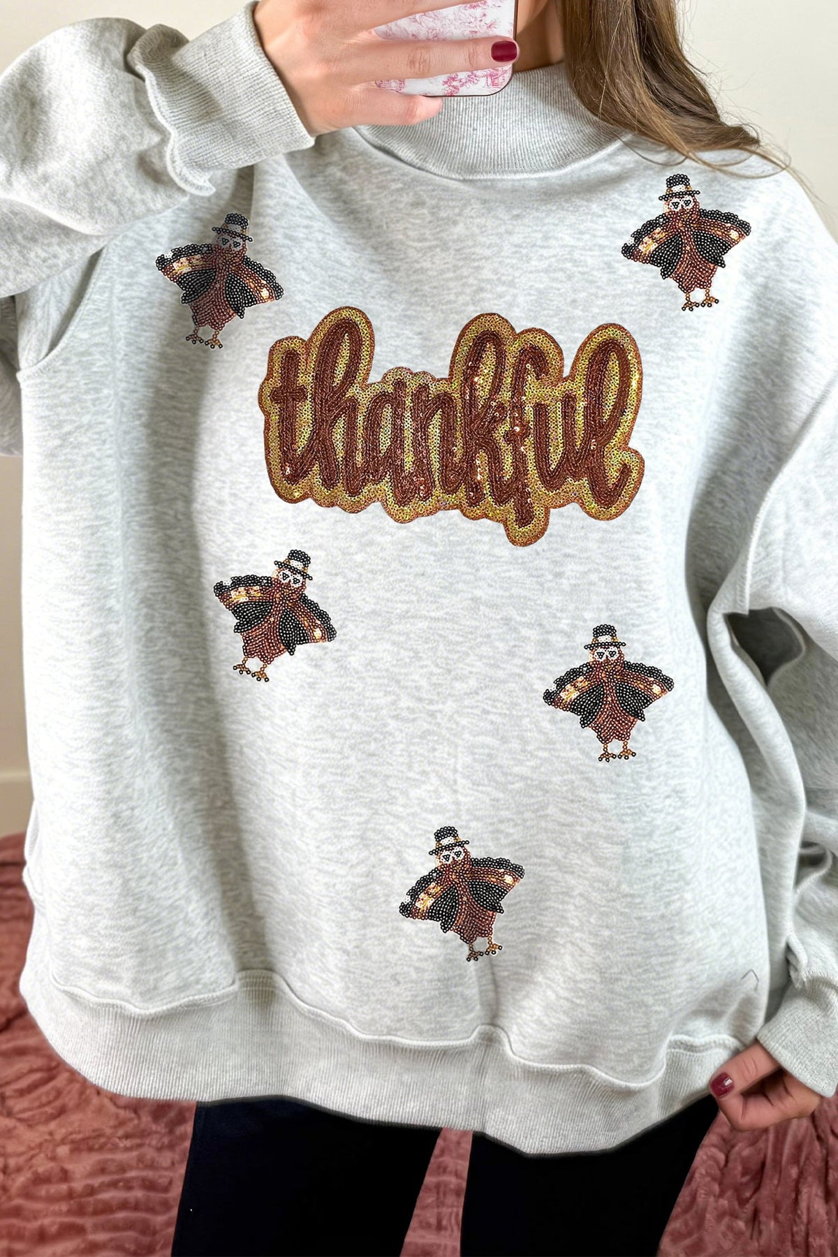 Light Grey thanksful Sequin Turkey Graphic Mock Neck Pullover Sweatshirt