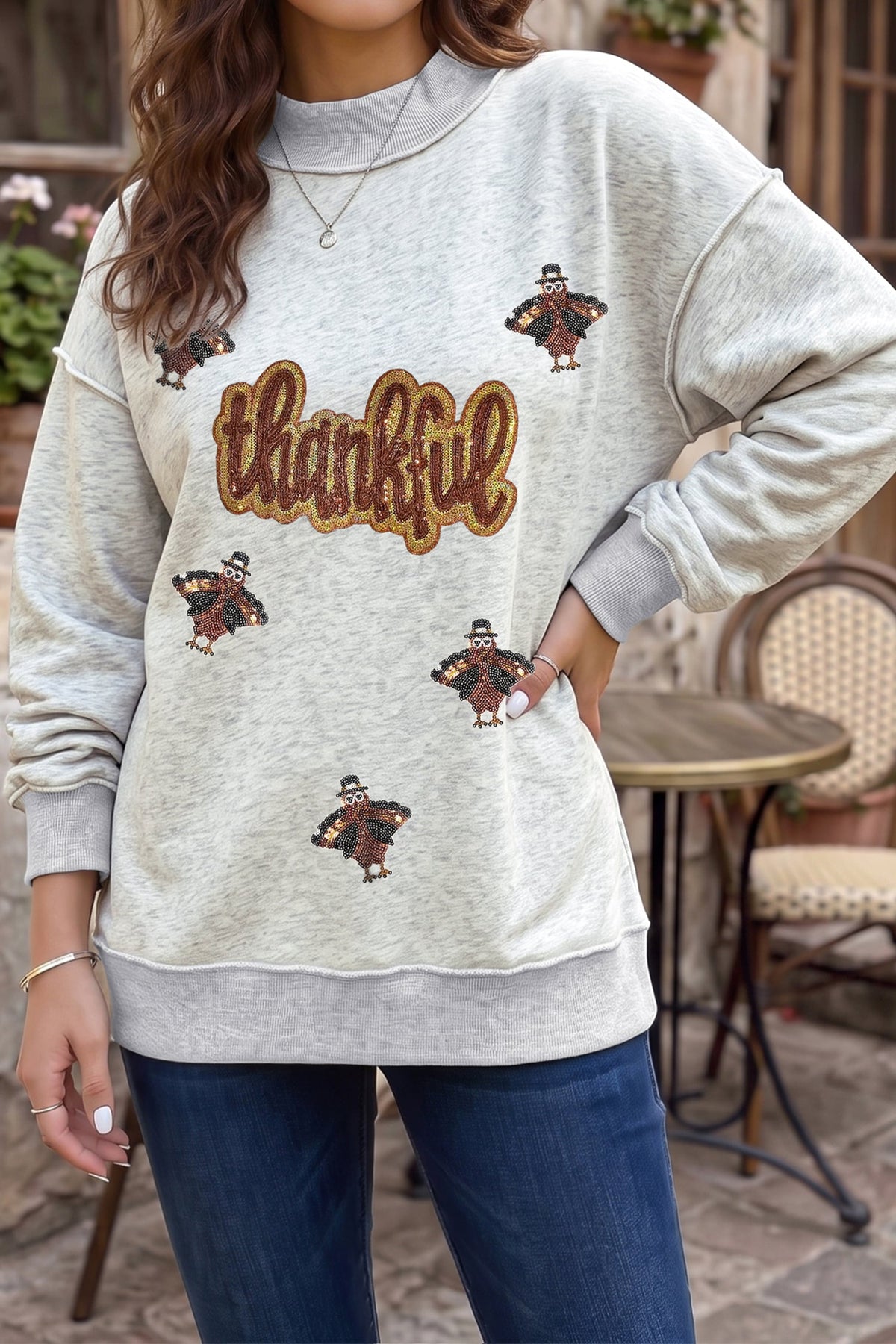 Light Grey thanksful Sequin Turkey Graphic Mock Neck Pullover Sweatshirt
