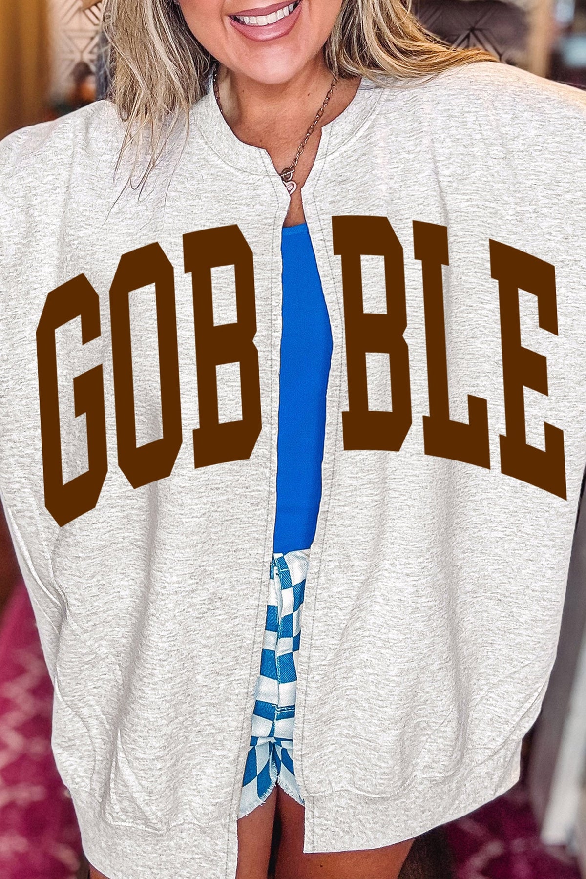 Light Grey Thanksgiving GOBBLE Slogan Graphic V Neck Zipped Sweatshirt