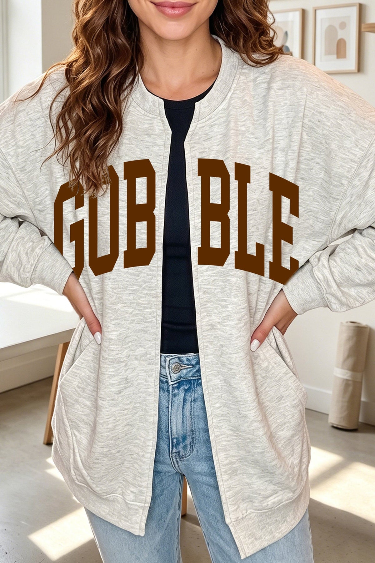 Light Grey Thanksgiving GOBBLE Slogan Graphic V Neck Zipped Sweatshirt