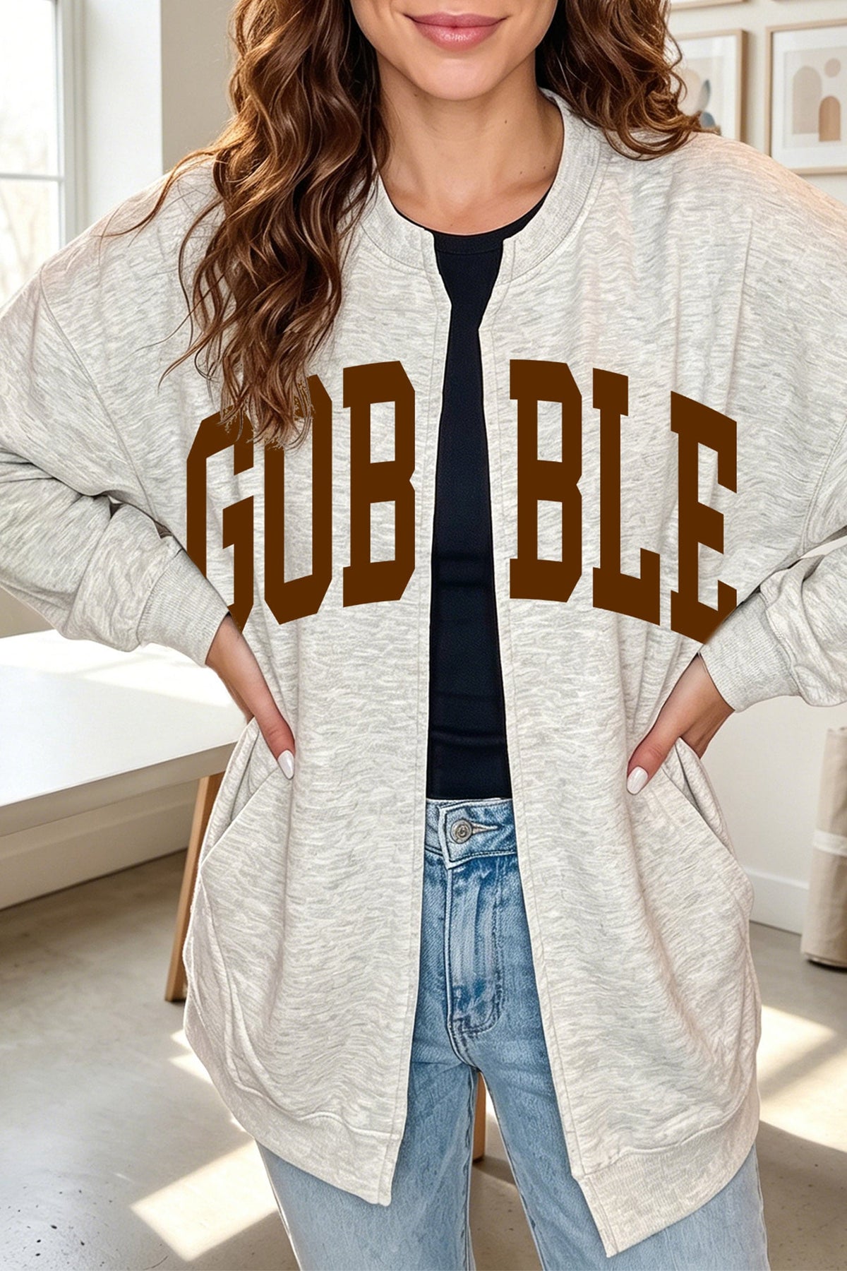 Light Grey Thanksgiving GOBBLE Slogan Graphic V Neck Zipped Sweatshirt