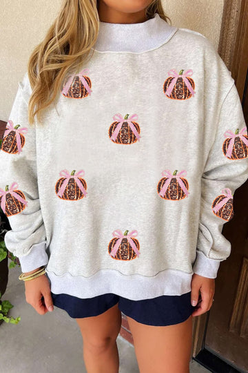 Light Grey Thanksgiving Sequin Pumpkin High Neck Holiday Sweatshirt