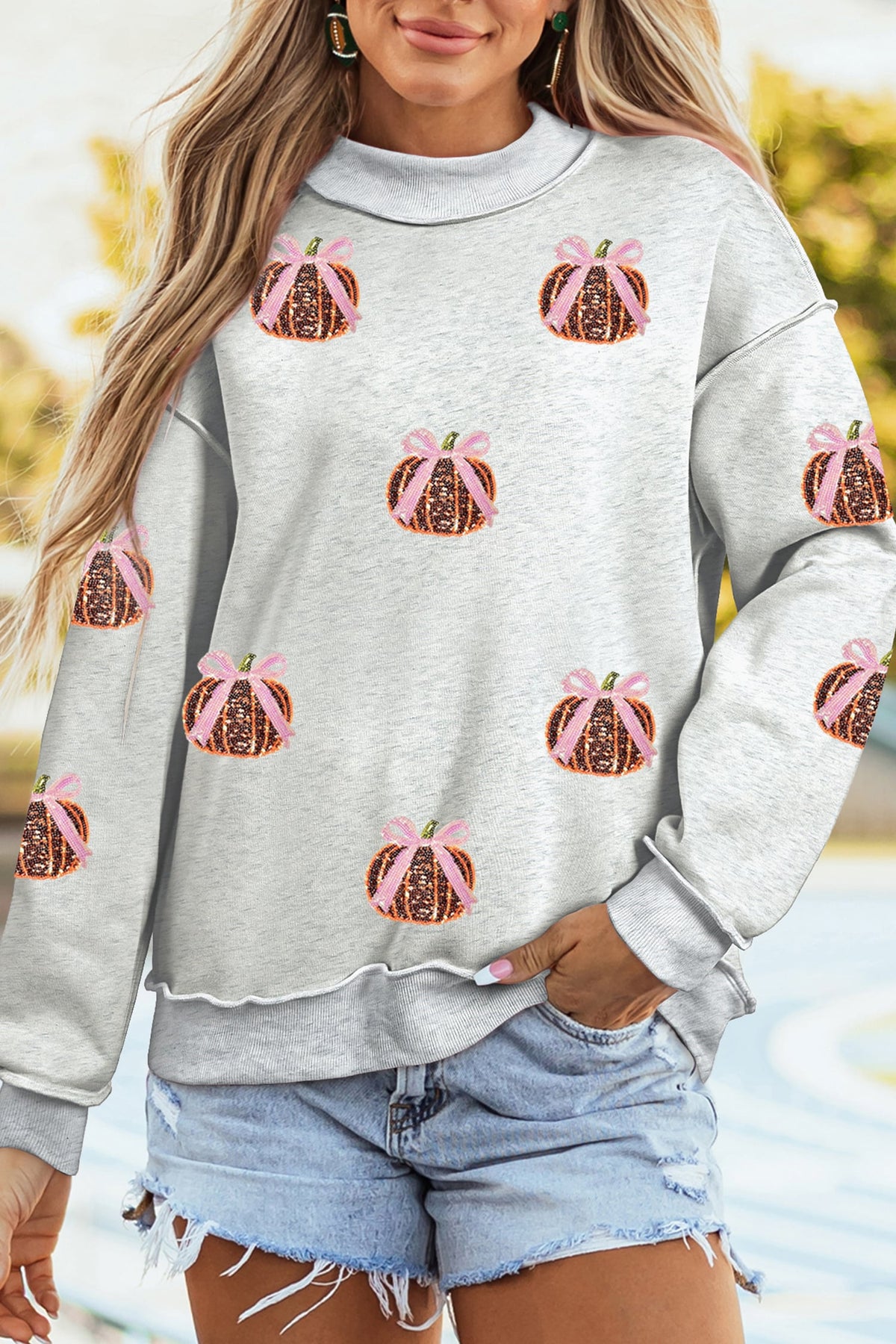 Light Grey Thanksgiving Sequin Pumpkin High Neck Holiday Sweatshirt