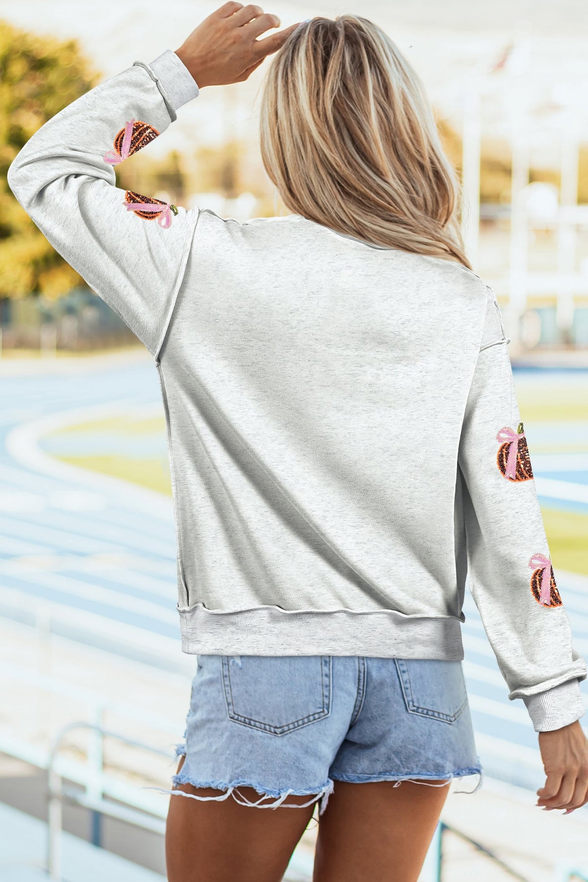 Light Grey Thanksgiving Sequin Pumpkin High Neck Holiday Sweatshirt
