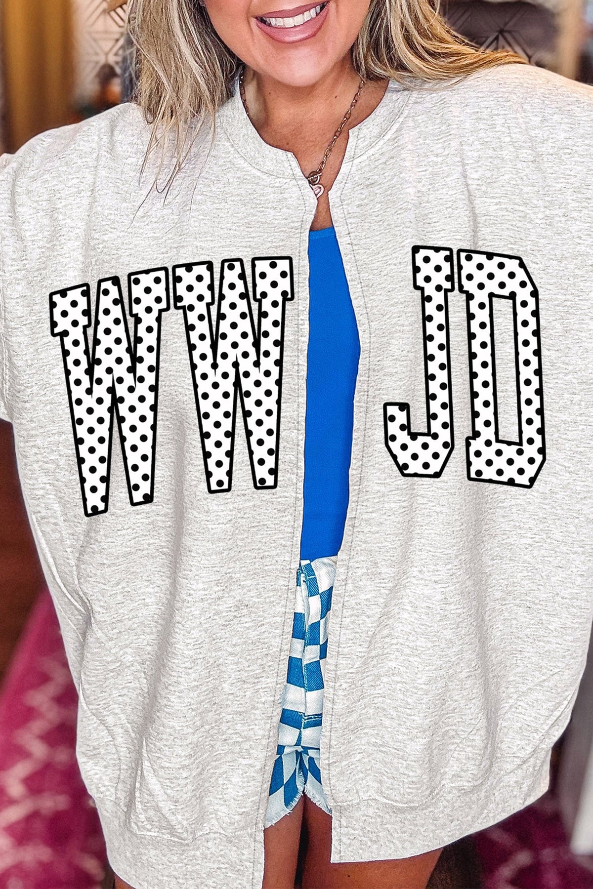 Light Grey WWJD Polka Dot Letter Print Open Front Tunic Sweatshirt