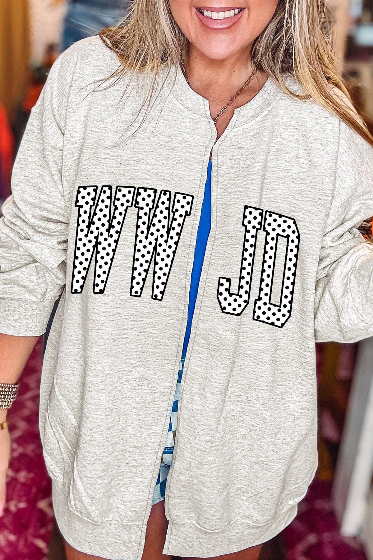Light Grey WWJD Polka Dot Letter Print Open Front Tunic Sweatshirt