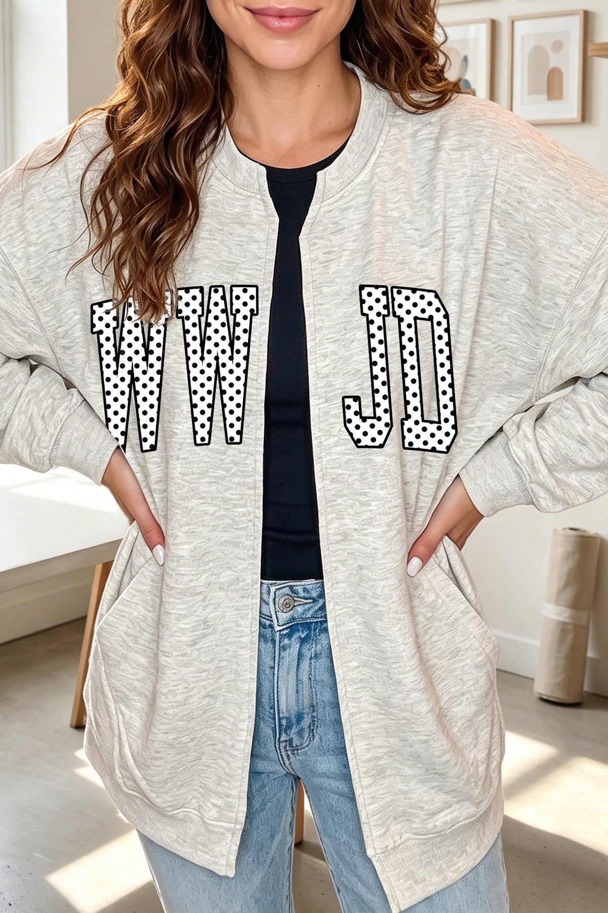Light Grey WWJD Polka Dot Letter Print Open Front Tunic Sweatshirt