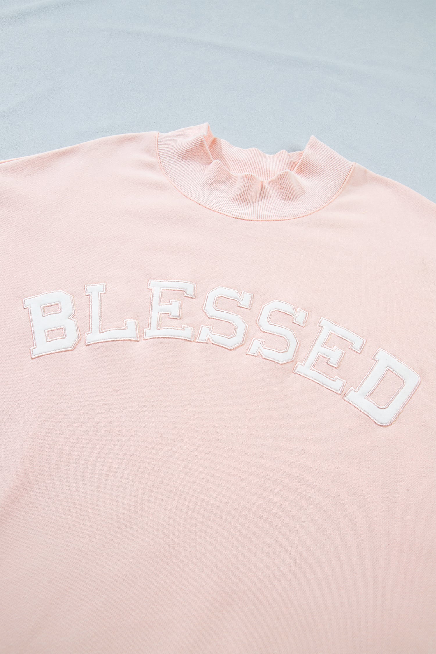 Light Pink BLESSED Embroidered Trim Patch Graphic Plus Size Mock Neck Sweatshirt