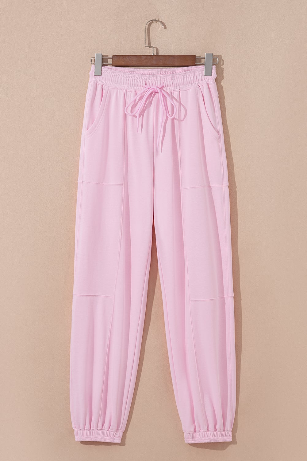 Light Pink Drawstring Elastic Waistband Solid Color Jogger Pants