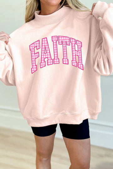 Light Pink FAITH Plaid Letter Graphic Mock Neck Pullover Sweatshirt