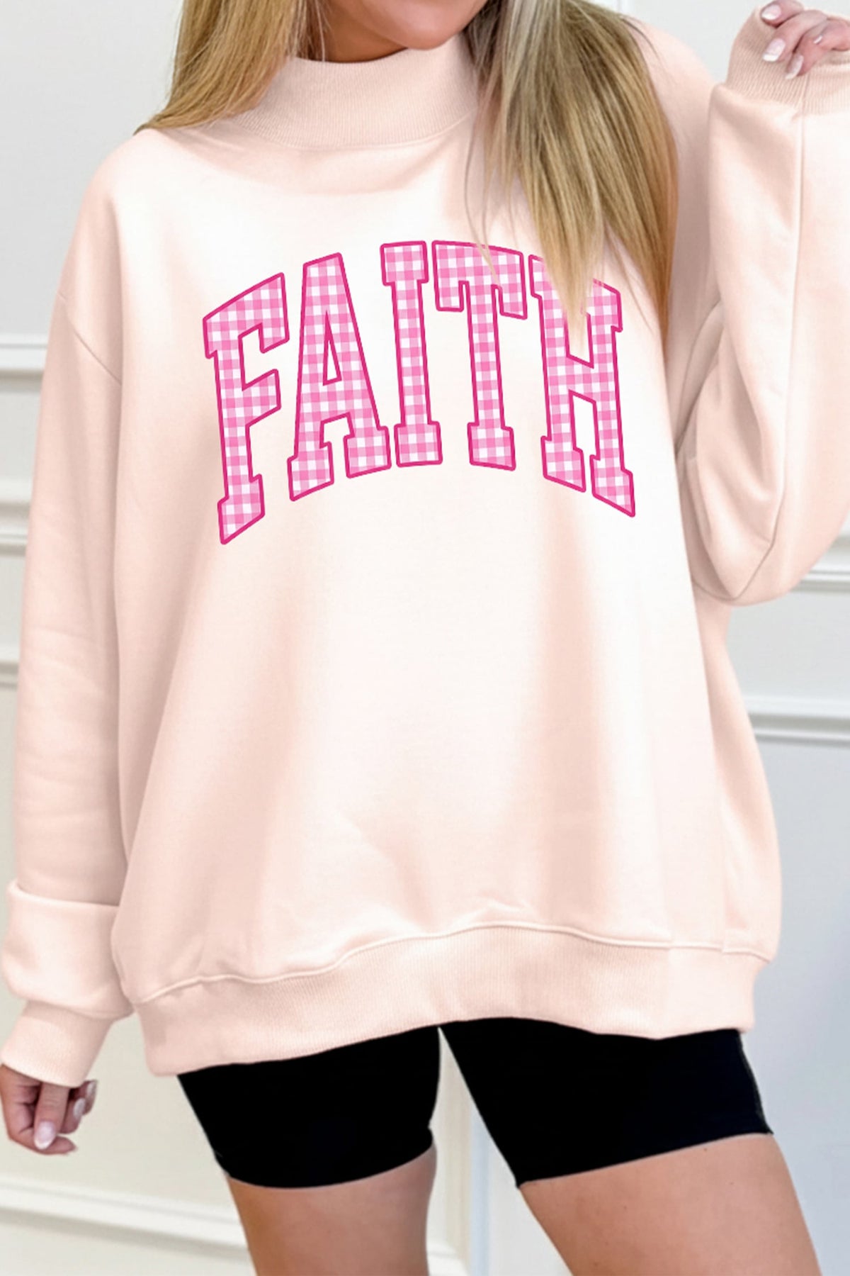 Light Pink FAITH Plaid Letter Graphic Mock Neck Pullover Sweatshirt