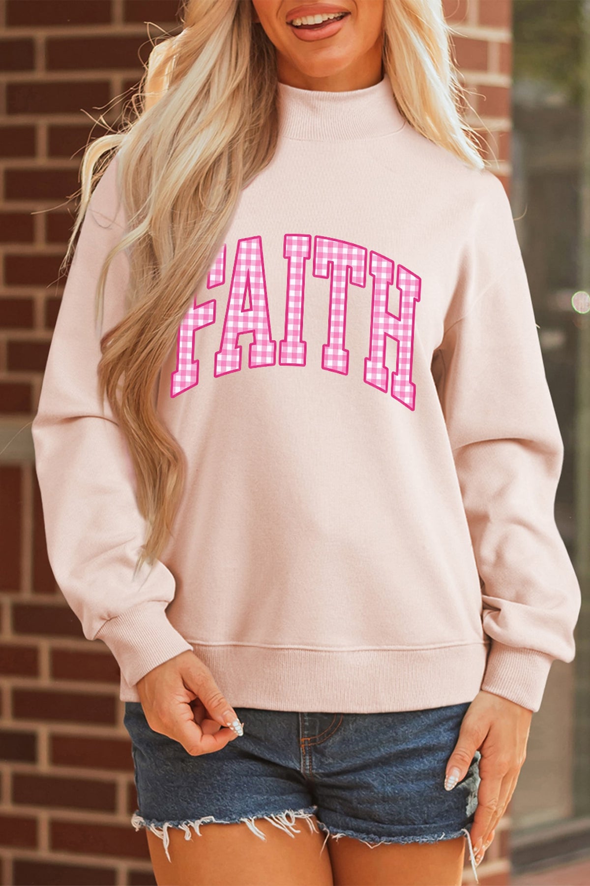 Light Pink FAITH Plaid Letter Graphic Mock Neck Pullover Sweatshirt