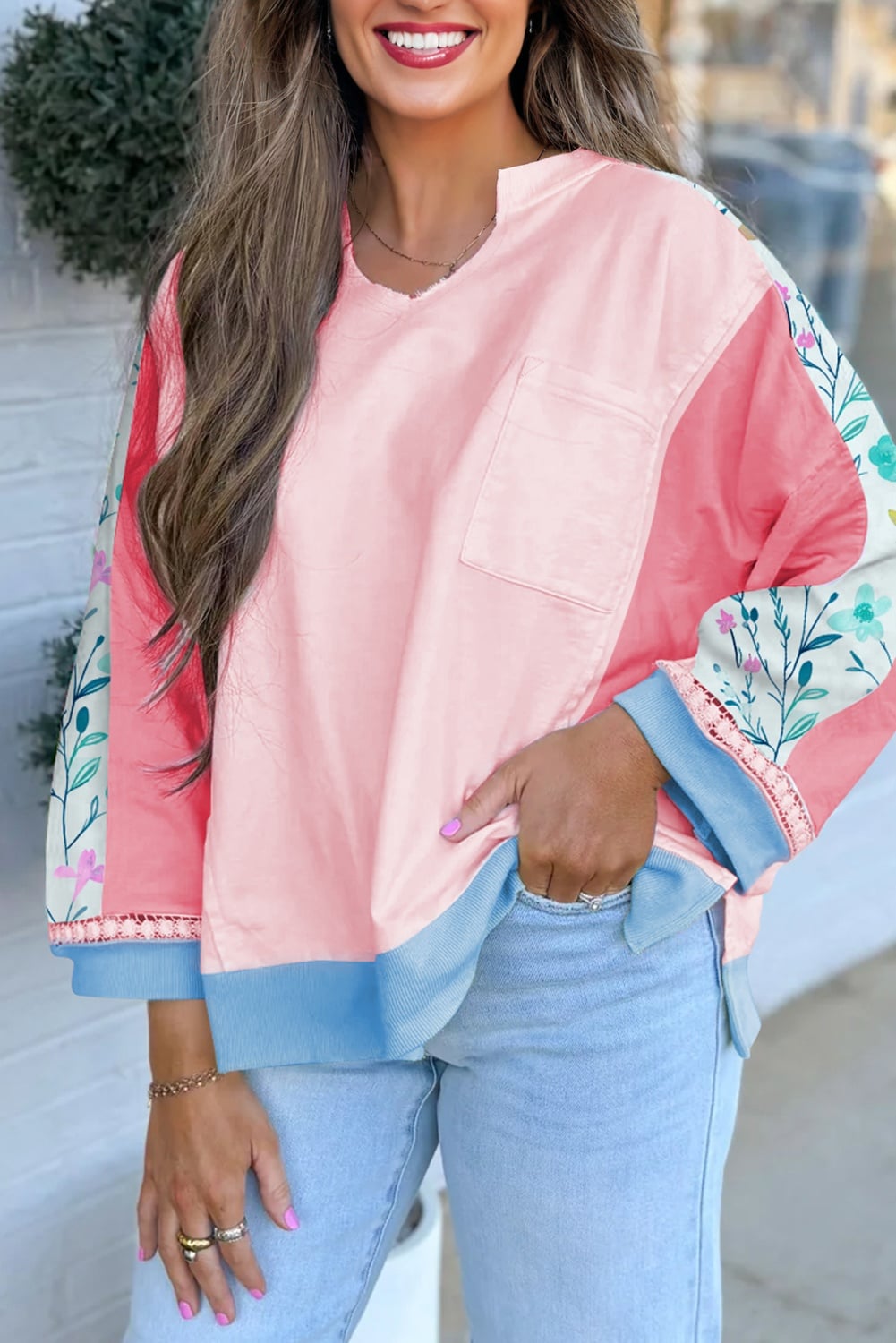 Light Pink Floral Colorblock Patchwork Chest Pocket Notched Neck Long Sleeve Top