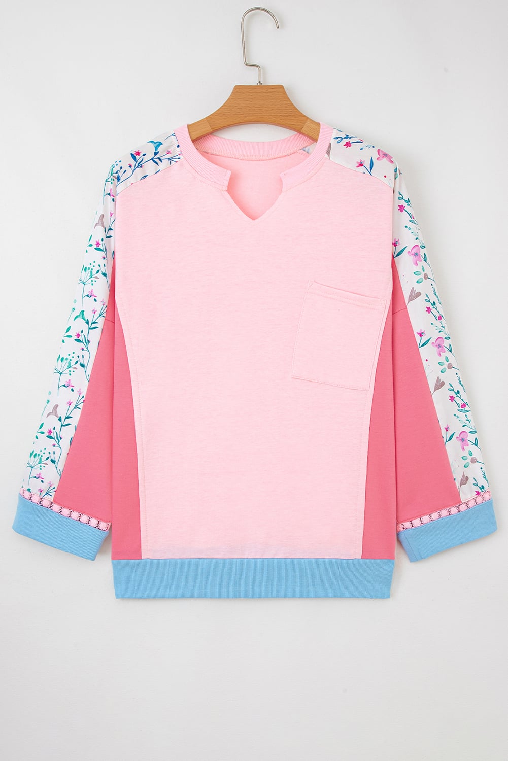 Light Pink Floral Colorblock Patchwork Chest Pocket Notched Neck Long Sleeve Top