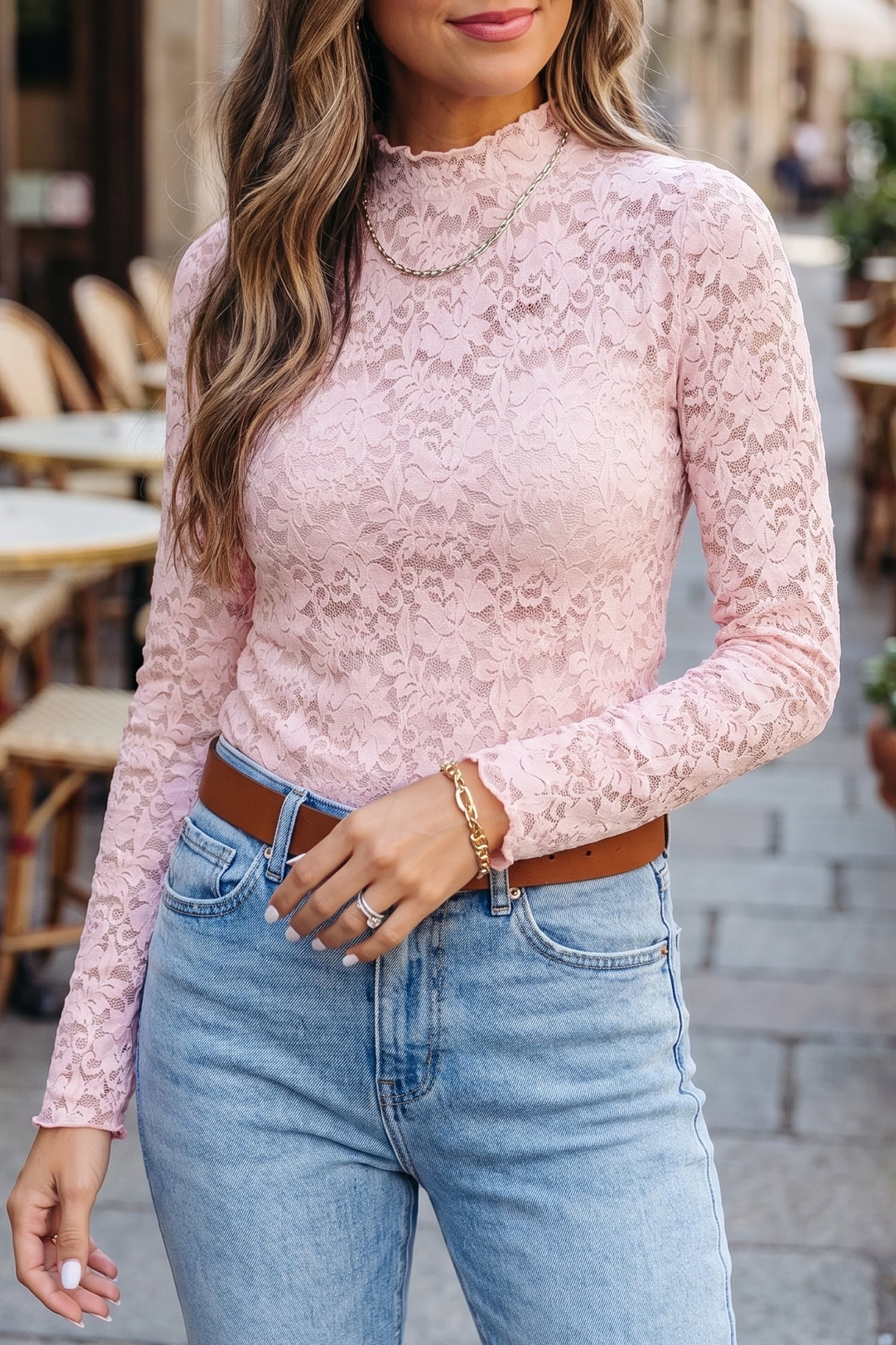 Light Pink Floral Lace Long Sleeve Stand Neck Pullover Top