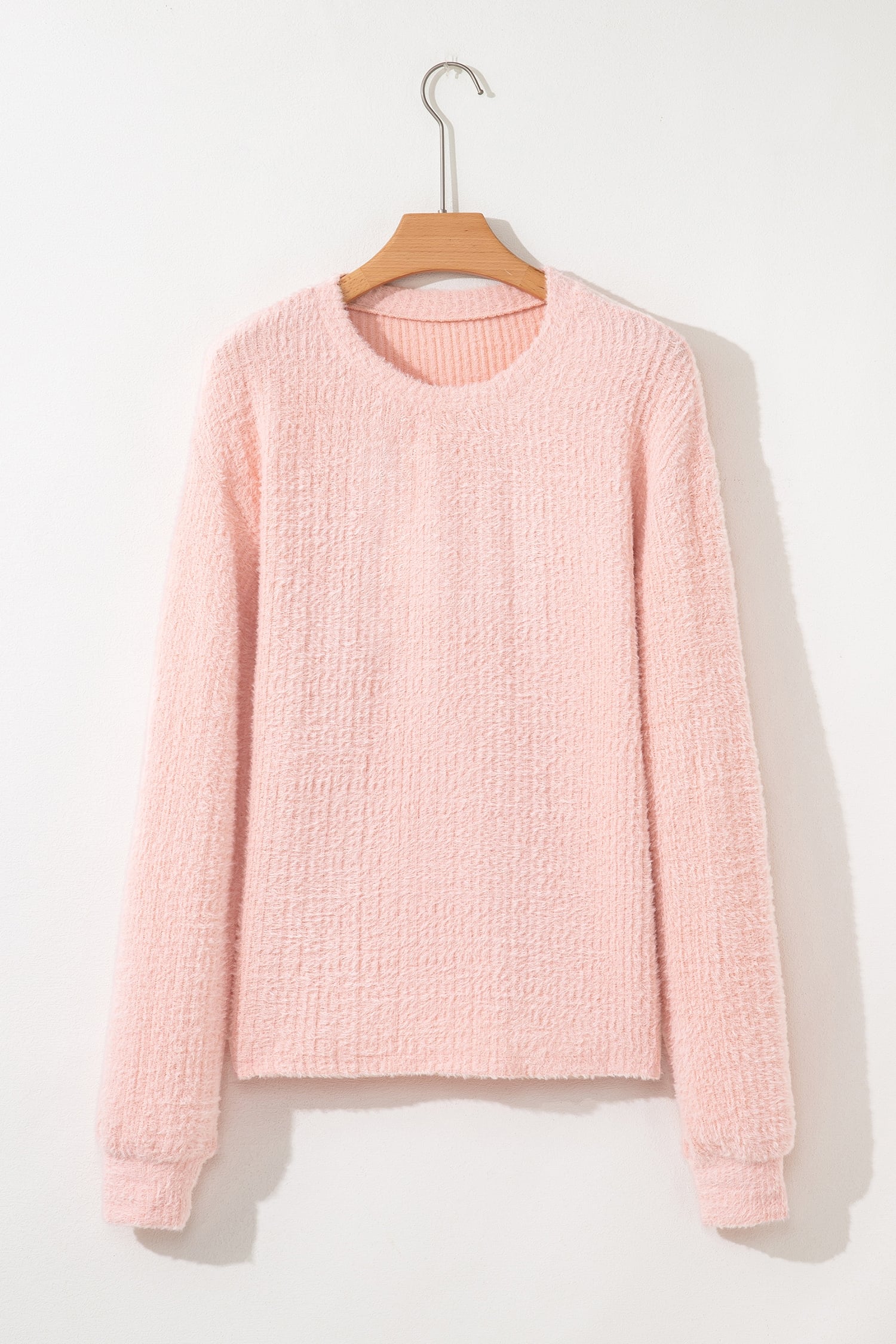 Light Pink Fuzzy Ribbed Texture Round Neck Long Sleeve Top