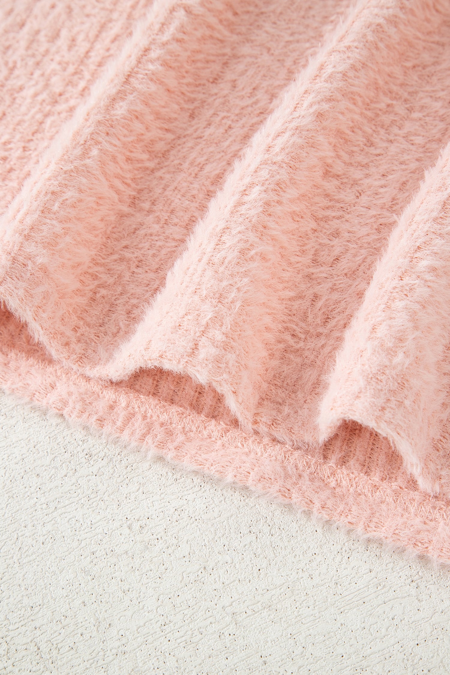 Light Pink Fuzzy Ribbed Texture Round Neck Long Sleeve Top