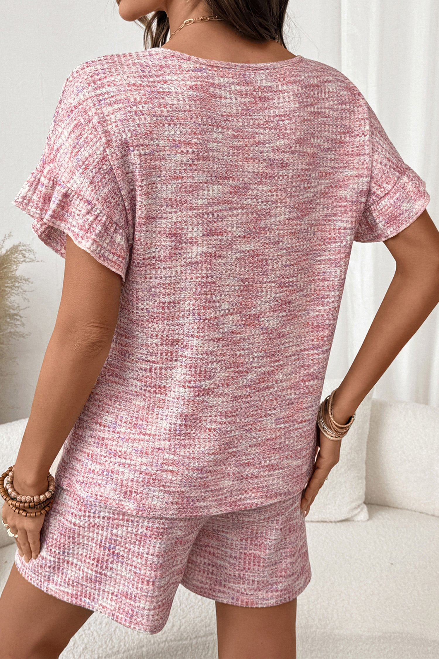 Light Pink Heather Textured Ruffle Sleeve Top and Drawstring Shorts Set