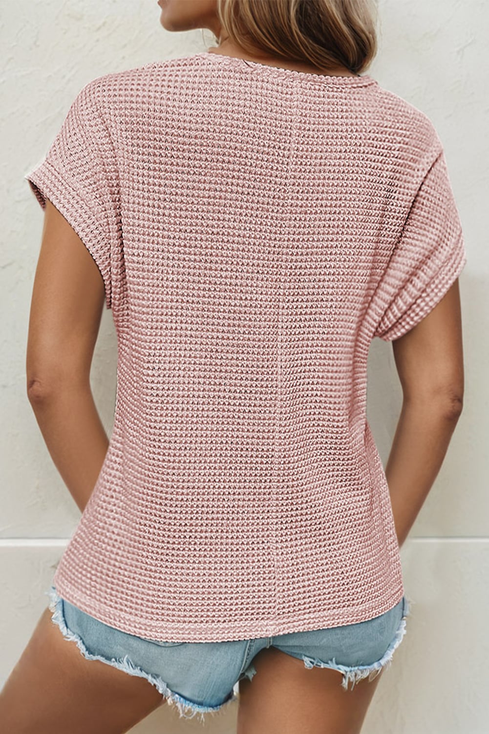 Light Pink Lace Patchwork Waffle Short Sleeve Top