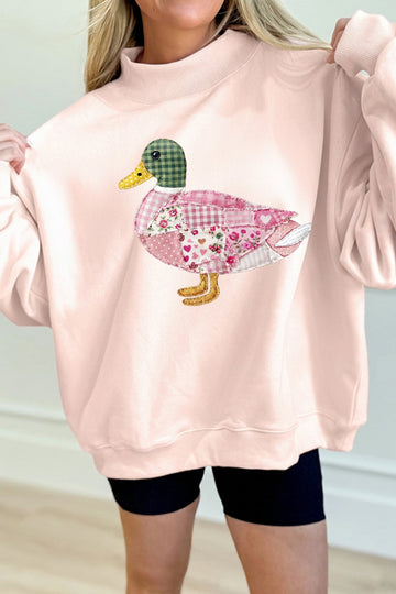 Light Pink Patchwork Mallard Printed Graphic Mock Neck Pullover Sweatshirt