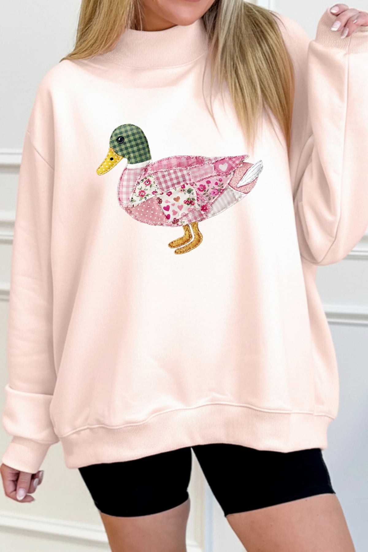 Light Pink Patchwork Mallard Printed Graphic Mock Neck Pullover Sweatshirt