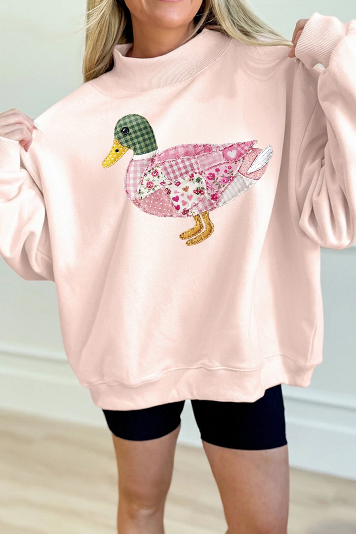 Light Pink Patchwork Mallard Printed Graphic Mock Neck Pullover Sweatshirt