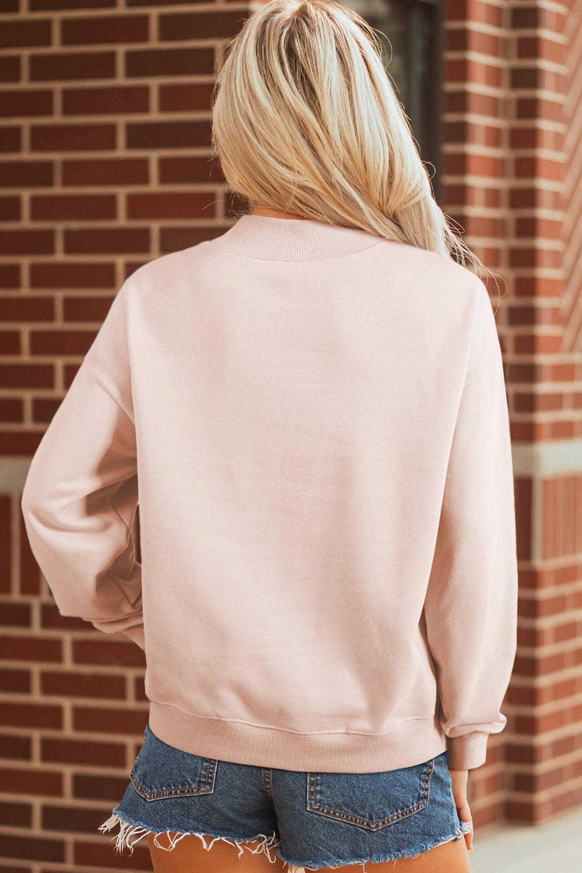 Light Pink Patchwork Mallard Printed Graphic Mock Neck Pullover Sweatshirt