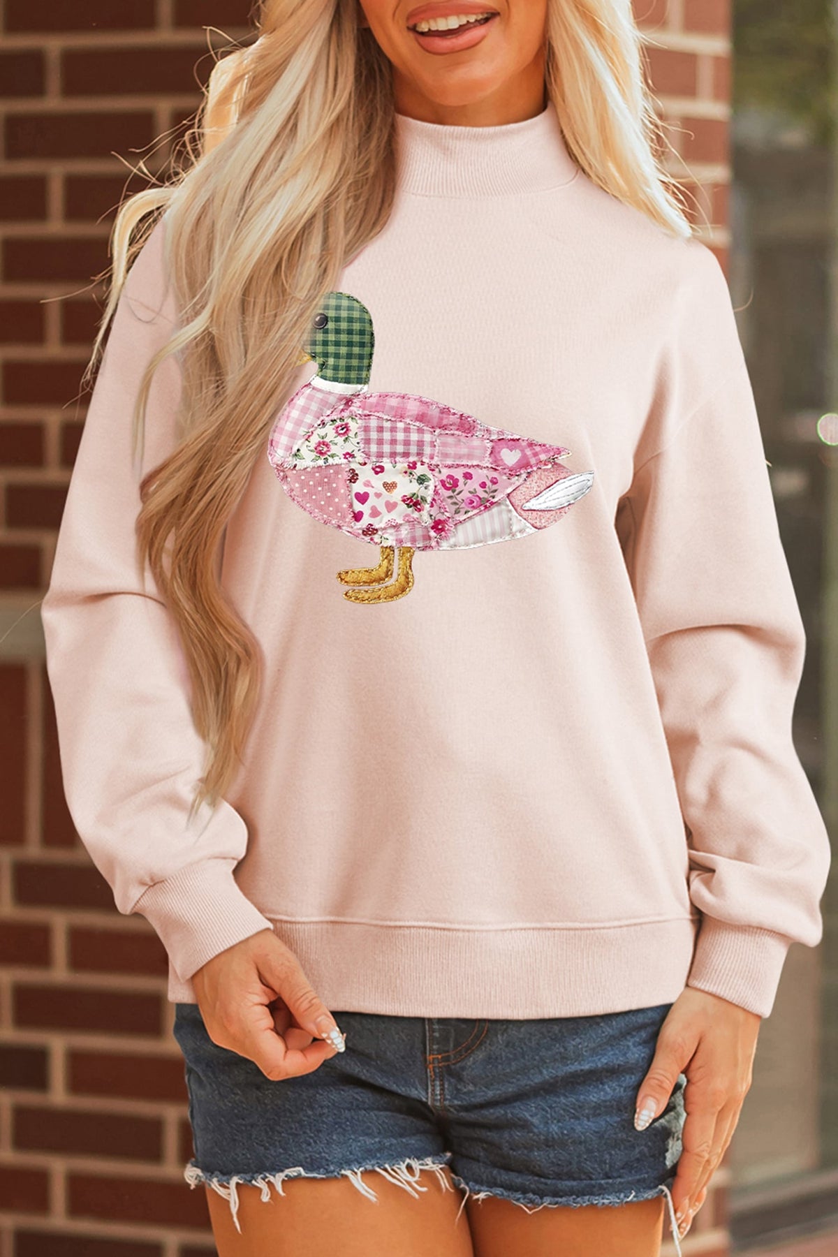 Light Pink Patchwork Mallard Printed Graphic Mock Neck Pullover Sweatshirt
