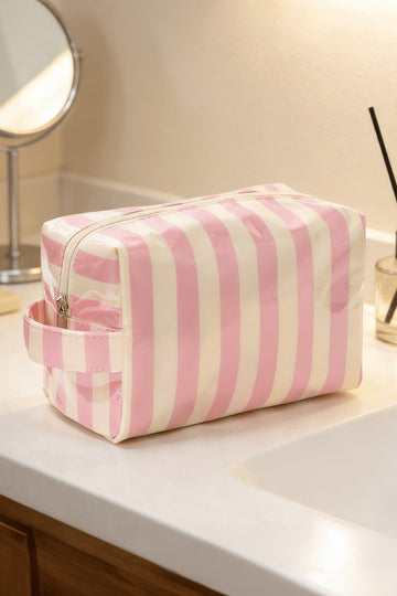 Light Pink PVC Striped Cosmetic Bag Durable Zipper Handle Travel Organizer