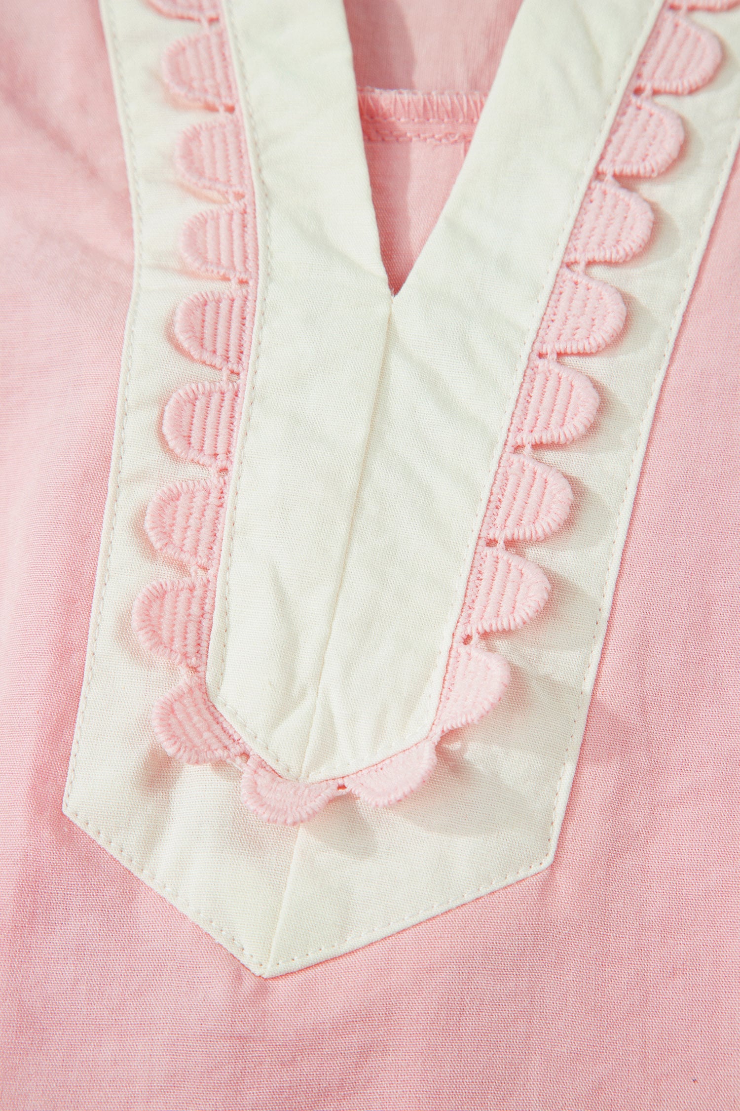 Light Pink Scallop Color Block Trim Puff Sleeve Mini Dress