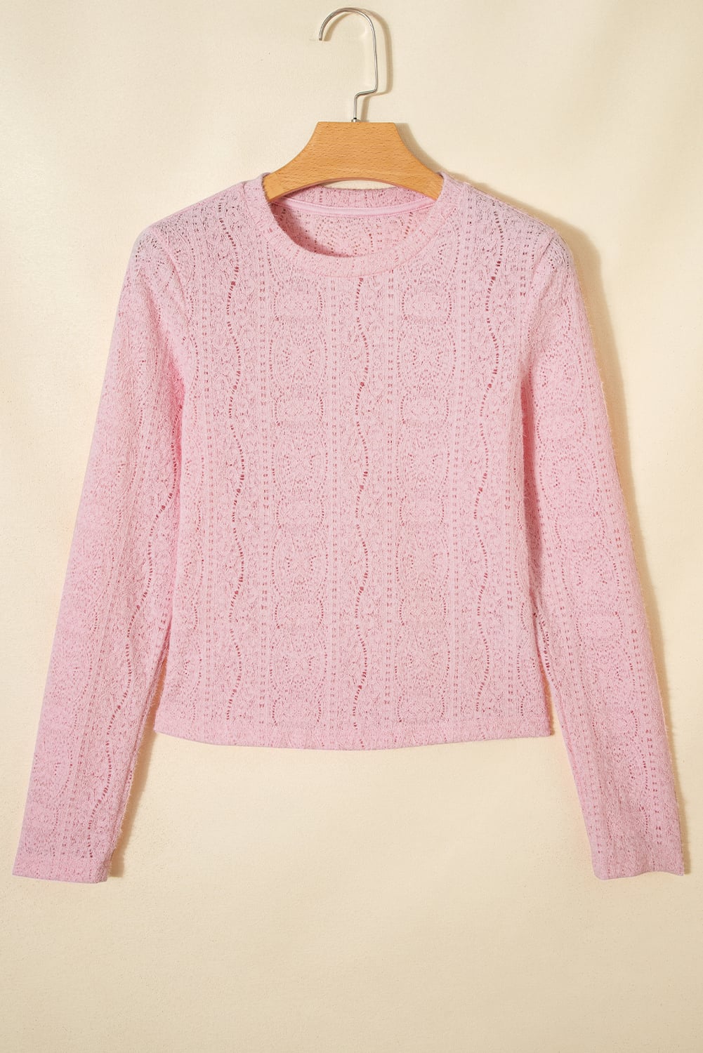 Light Pink Semi Sheer Lace Long Sleeve Cropped Top