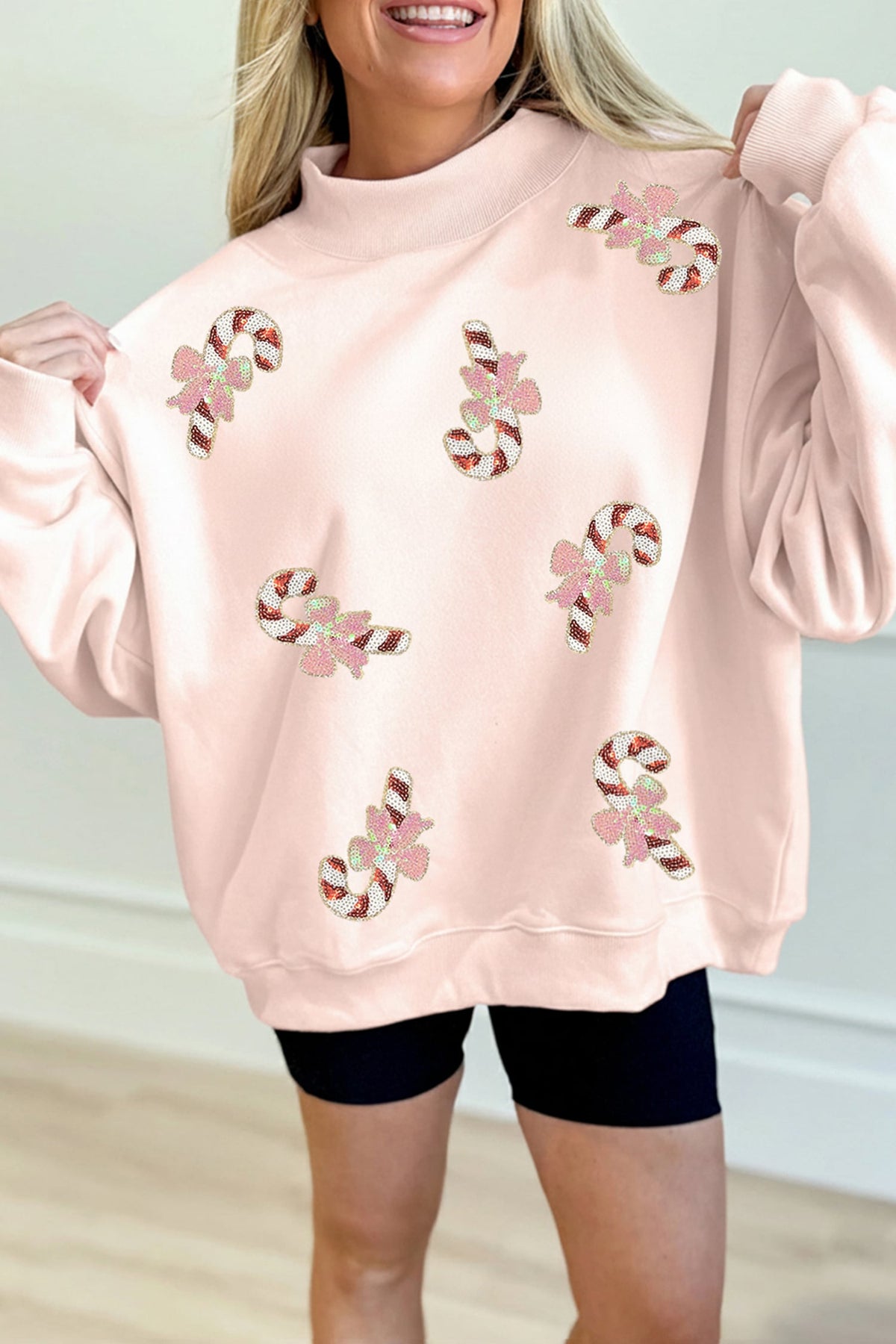 Light Pink Sequin Candy Cane Ribbed Mock Neck Christmas Sweatshirt