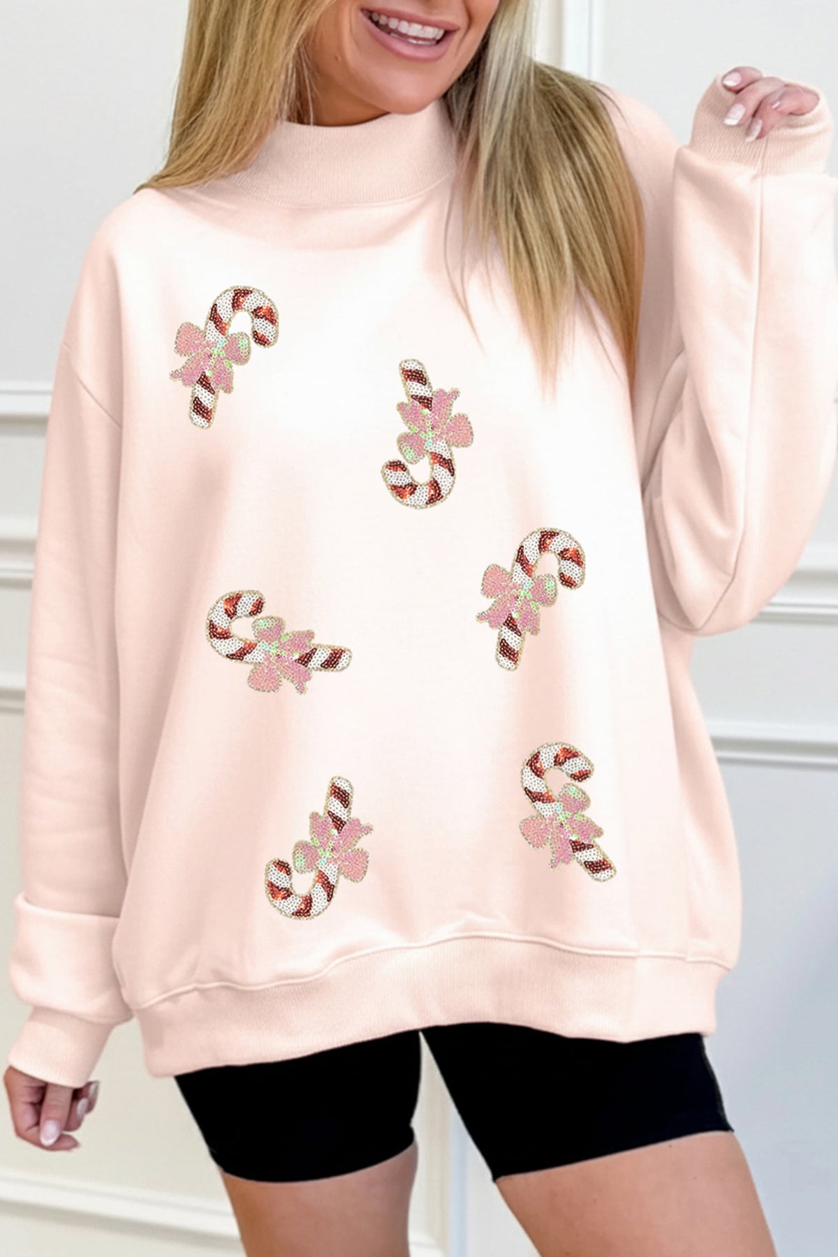 Light Pink Sequin Candy Cane Ribbed Mock Neck Christmas Sweatshirt